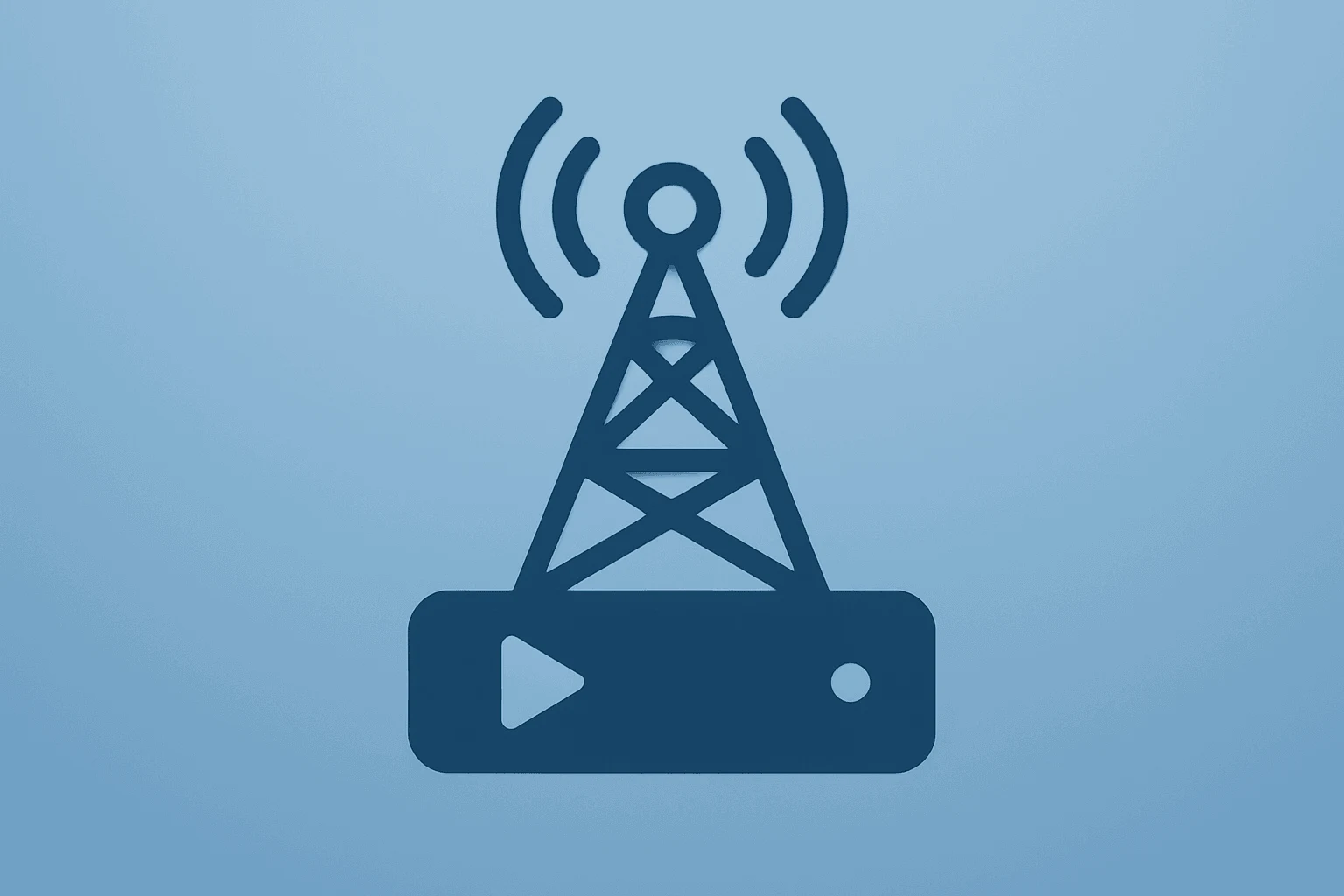 Centered flat vector of television mast fused with streaming hub, symbolizing the ITV sale to Sky and content supply pact.