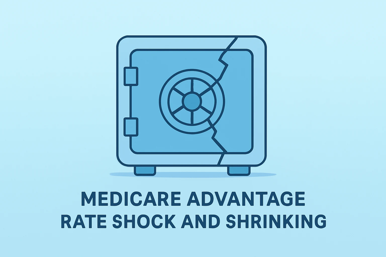 Flat vector claims vault with fractured shell symbolizing UnitedHealth stock plunge amid CMS Medicare Advantage rate shock.