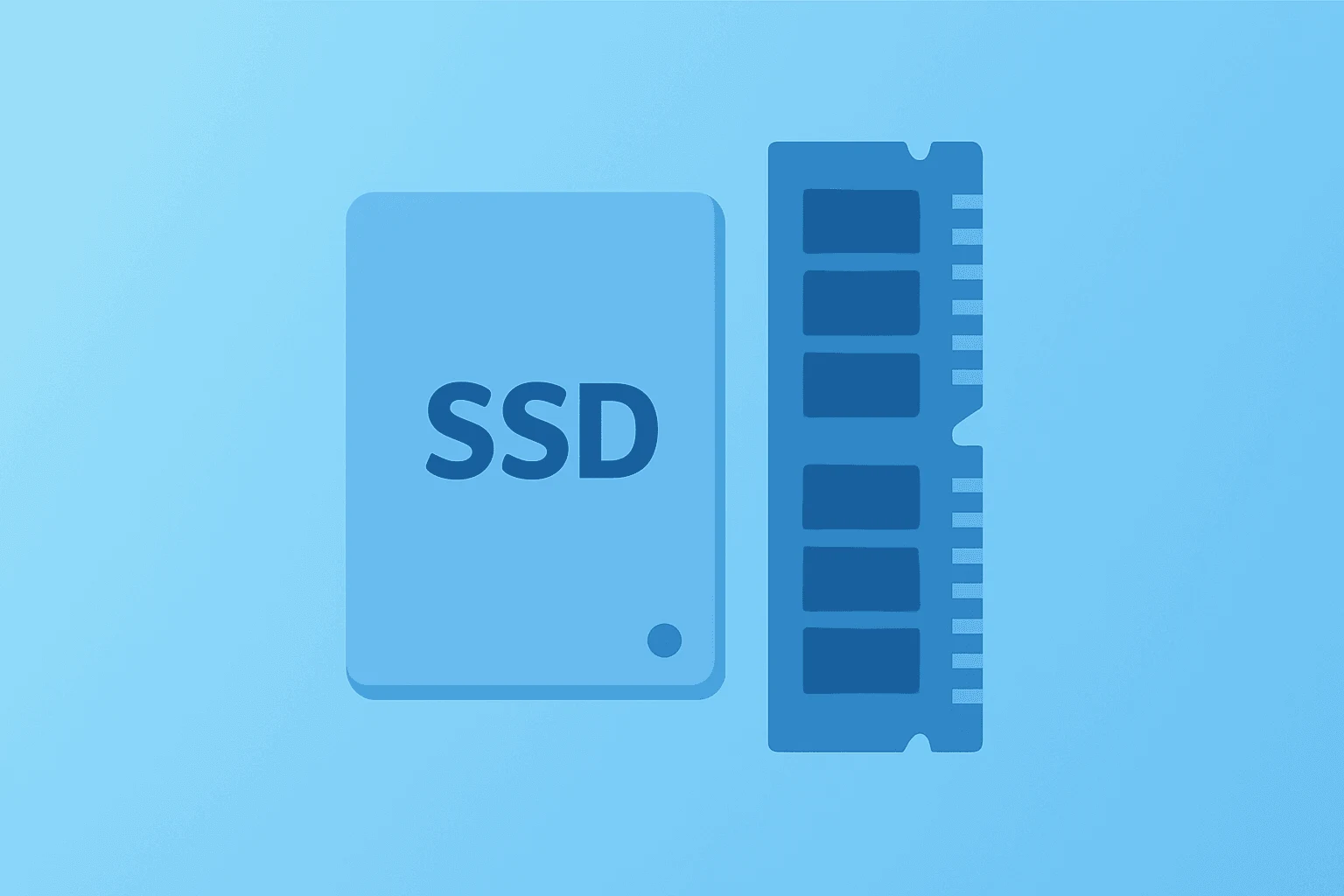 Flat vector of an SSD drive fractured by incoming modules, evoking SanDisk stock volatility in a memory supercycle debate.