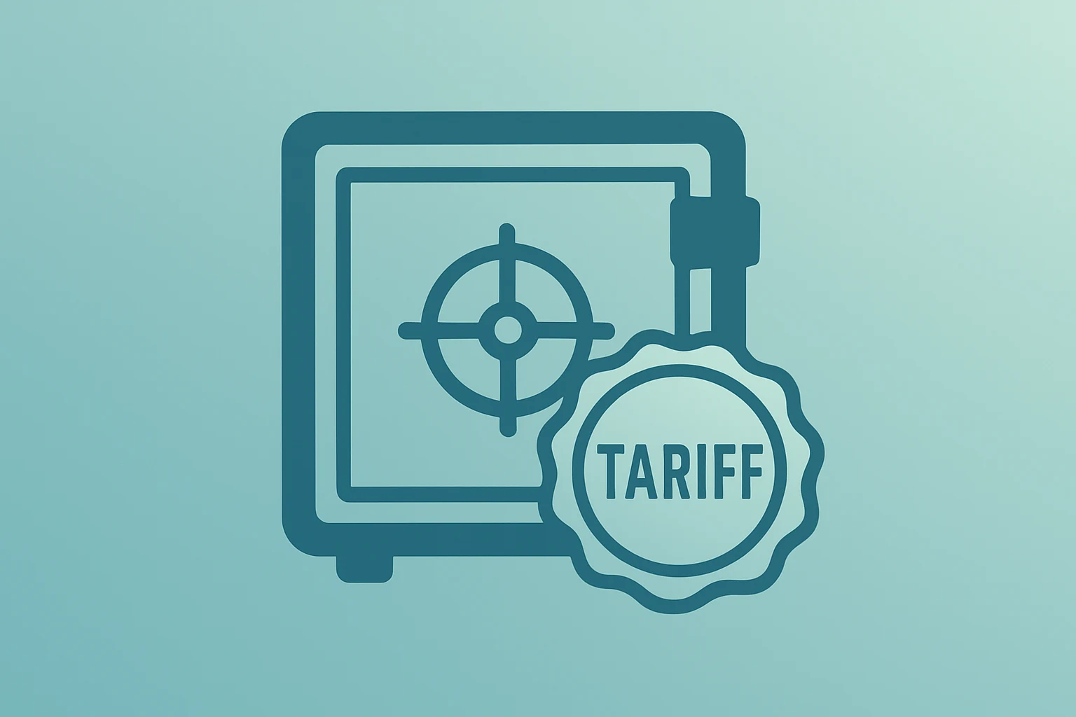 Flat vector of a sealed customs vault with a tariff stamp, centered and spare, evoking U.S. tariffs and the Turnberry pause.