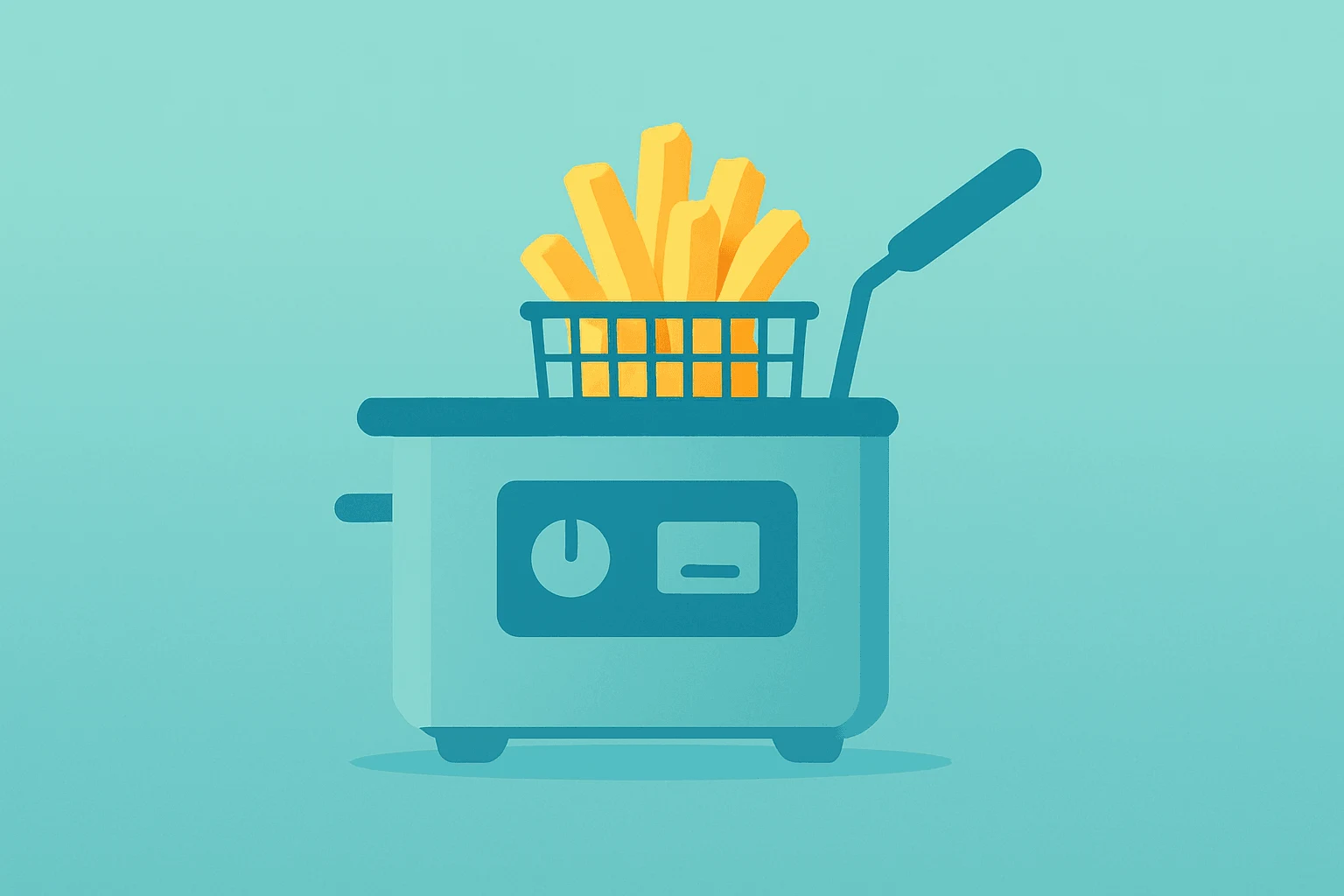 Flat filled vector of a fryer basket fused with a stacked fry cluster, evoking Lamb Weston earnings beat and dividend.