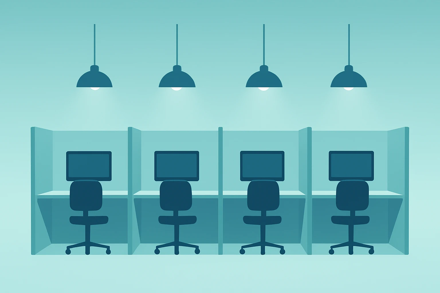 Flat-vector office cubicle row with fading lights representing Oracle layoffs and redirected funding for AI data centers.