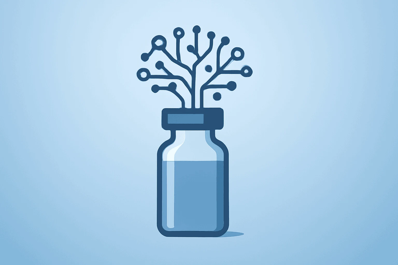 Flat vector of a vial fused with an expanding neural mesh representing Lilly Acquires AtaiBeckley and pipeline growth.