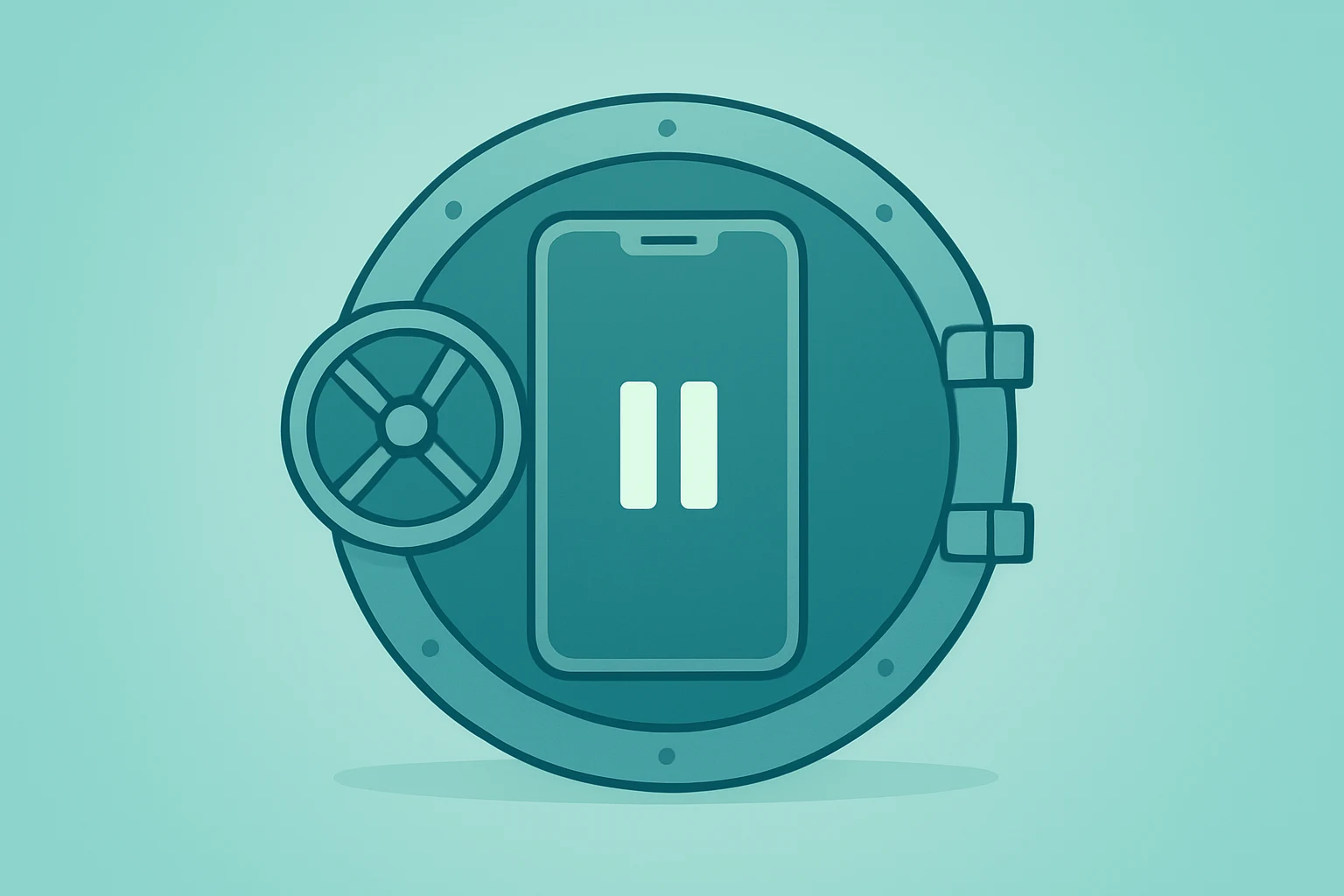 Flat filled vector of a vault-style smartphone paused for conditional re-entry, reflecting Buffett Regrets Selling Apple.