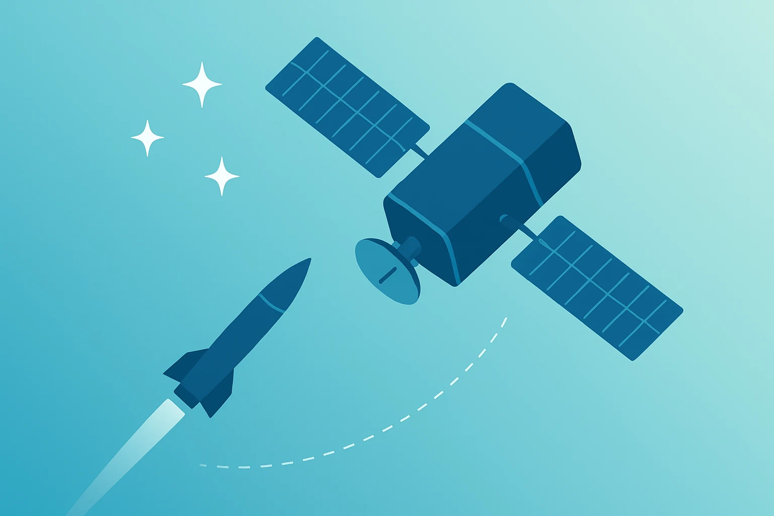Flat-vector satellite and factory icons symbolizing the Rocket Lab SDA contract and supplier opportunity.