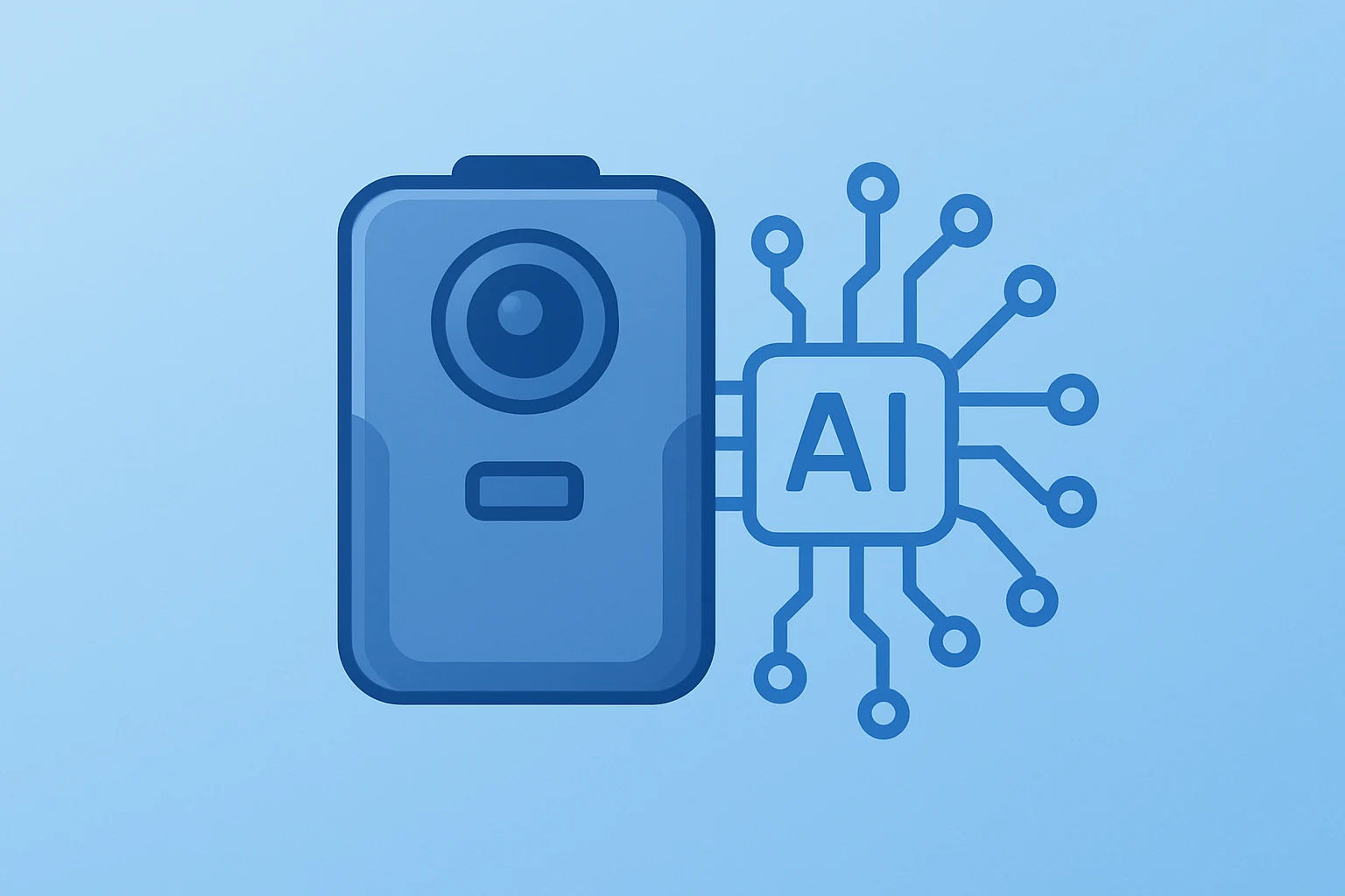 Flat vector of a body camera fused with an expanding circuit to symbolize Axon earnings and AI-driven software growth.
