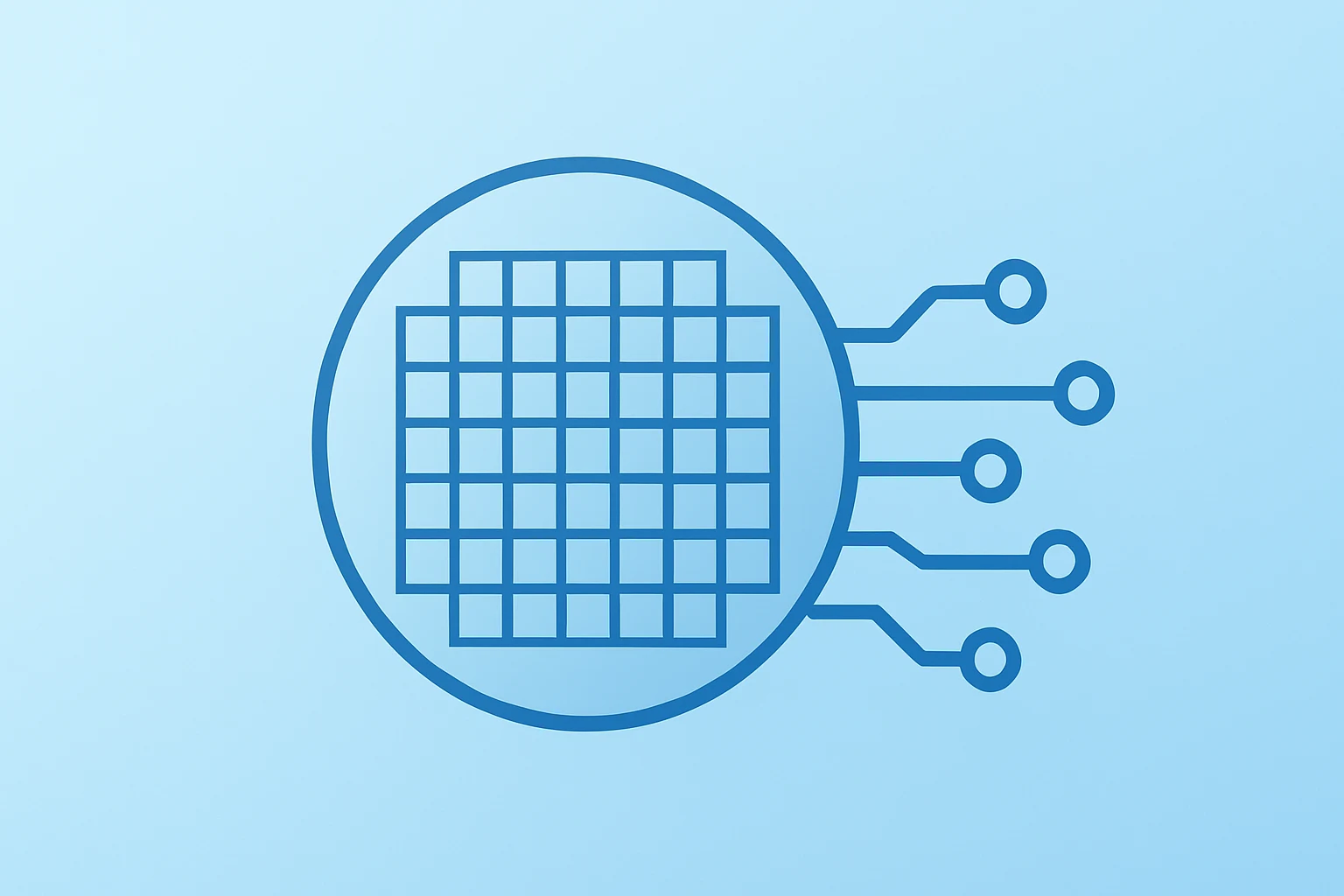 Flat vector of a semiconductor wafer stack expanding circuits to represent KLA earnings, violet-mist gradient, shadow lift