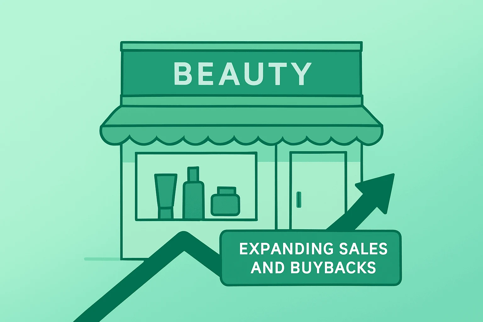 Flat filled vector of a retail store module expanding to suggest Ulta Beauty earnings and raised buybacks.