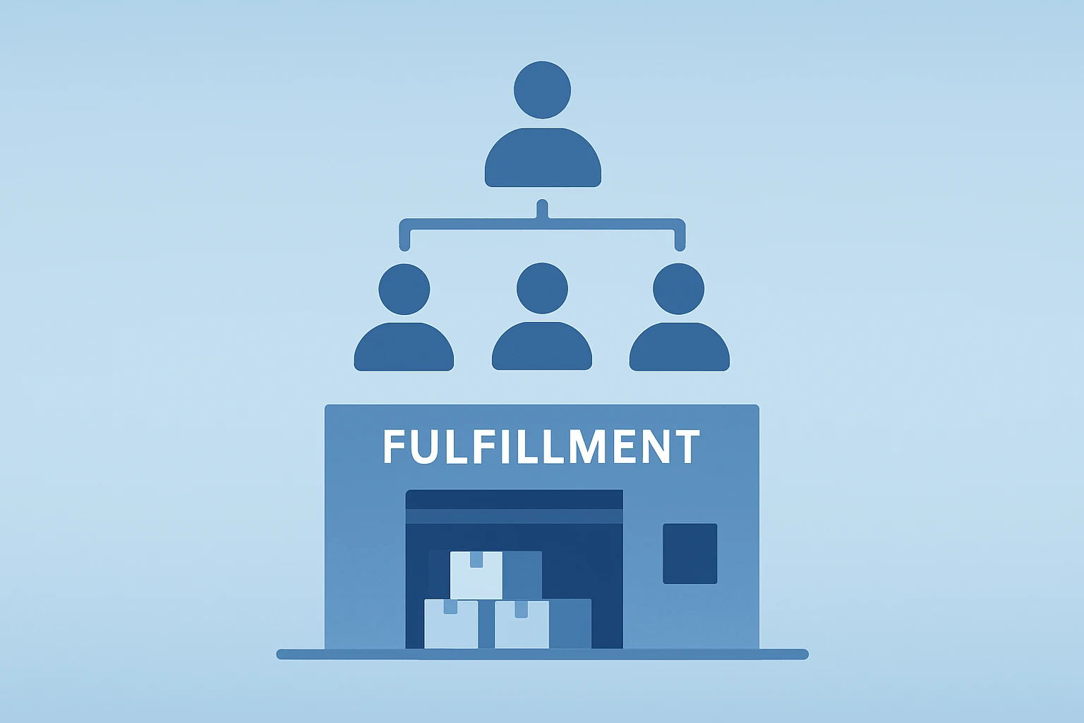 Flat filled vector of a fulfillment bay with thinning management layers symbolizing Amazon layoffs and cost trimming.