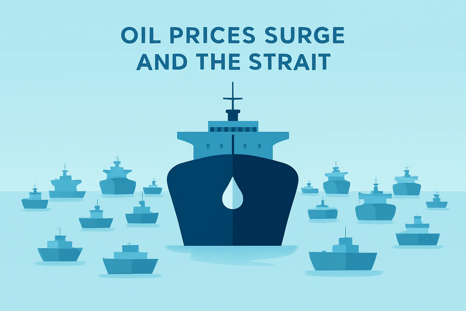 Flat vector of a tanker bow stranded amid clustered vessels symbolizing Oil Prices Surge and Strait of Hormuz halt