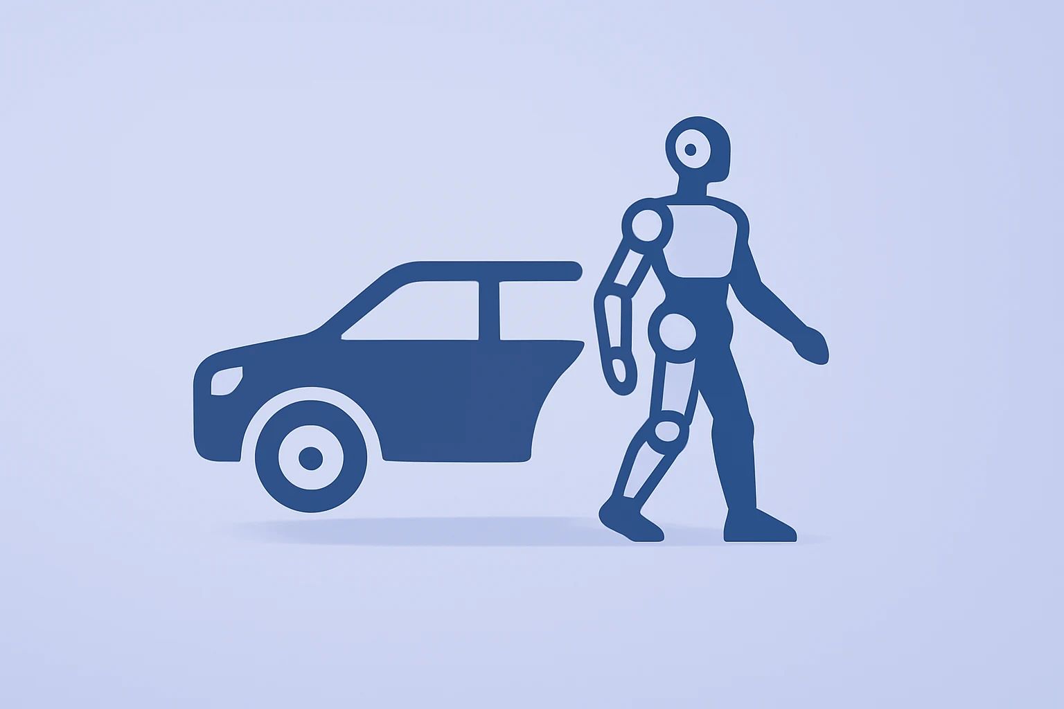 Minimal flat-vector factory car frame morphing into a humanoid robot to reflect Tesla xAI investment and factory retool.