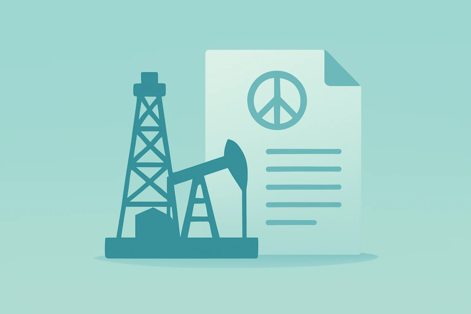 Flat vector of an oil rig silhouette beside a folded diplomatic paper, evoking Iran Peace Talks and easing market tension.