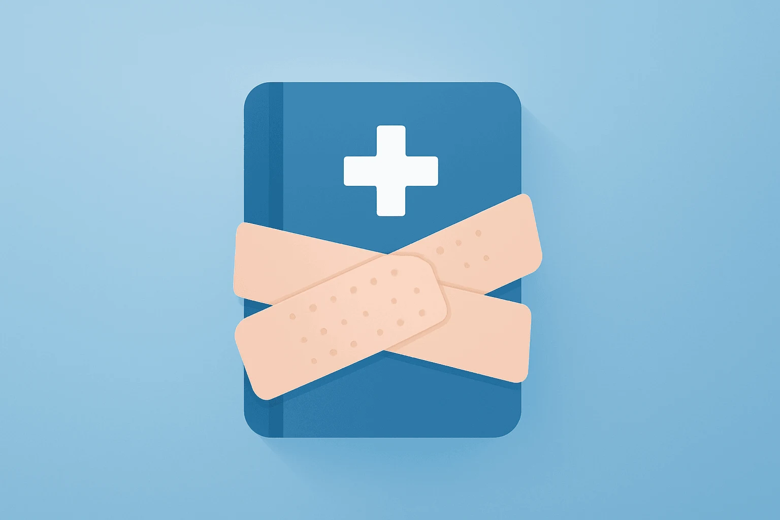 Flat vector of a medical ledger wrapped in a bandage signaling UnitedHealth Q1 earnings momentum with subtle shadow lift.