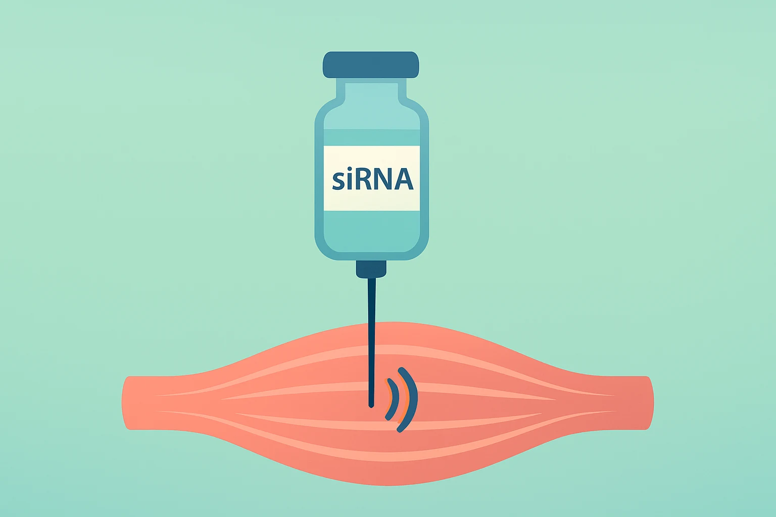 Flat vector integrin-ligand vial delivering siRNA into a stylized muscle fiber illustrating Sarepta siRNA data.