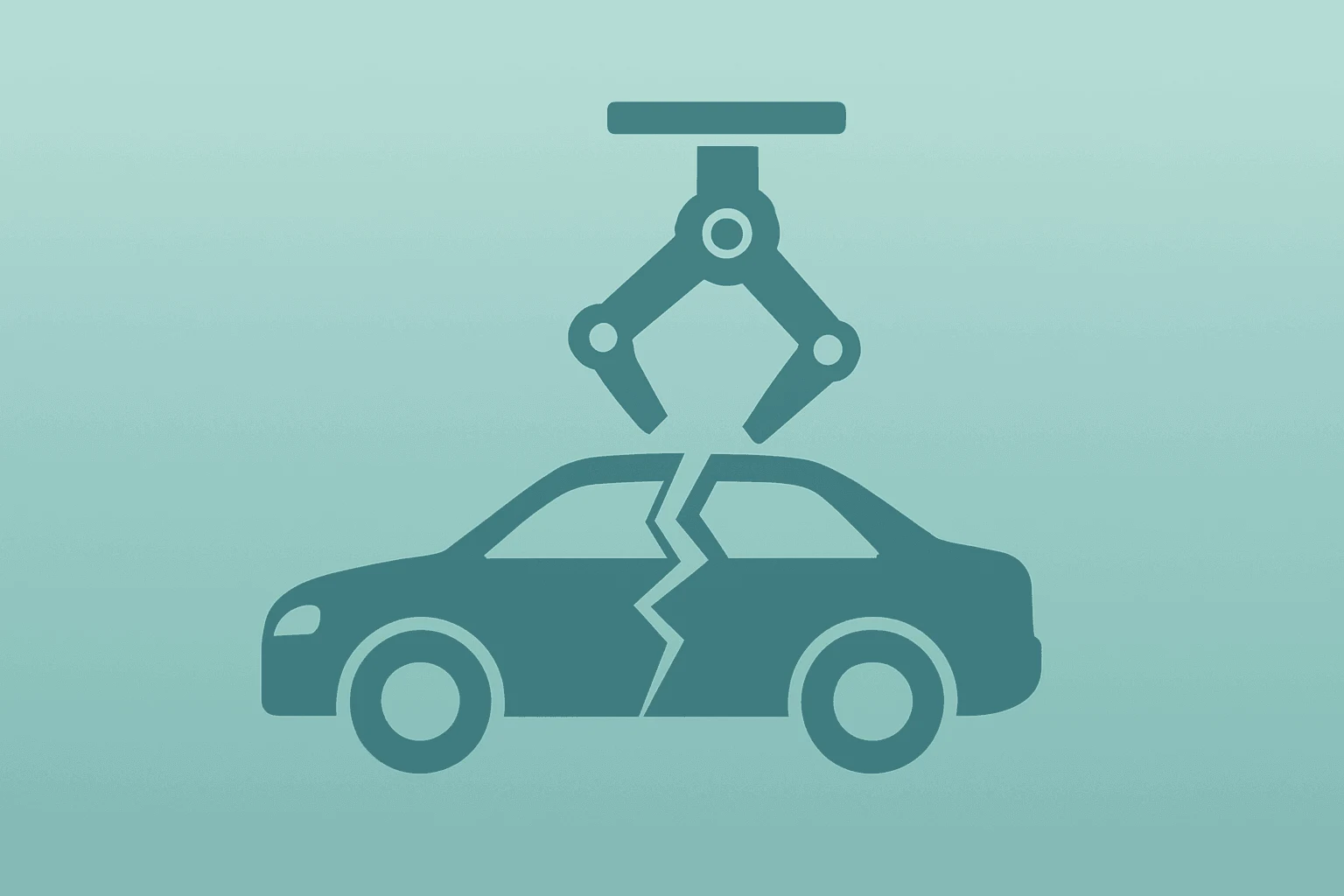 Flat filled vector of a car assembly module with fractured shell symbolizing Tesla China sale and regulatory hurdles.