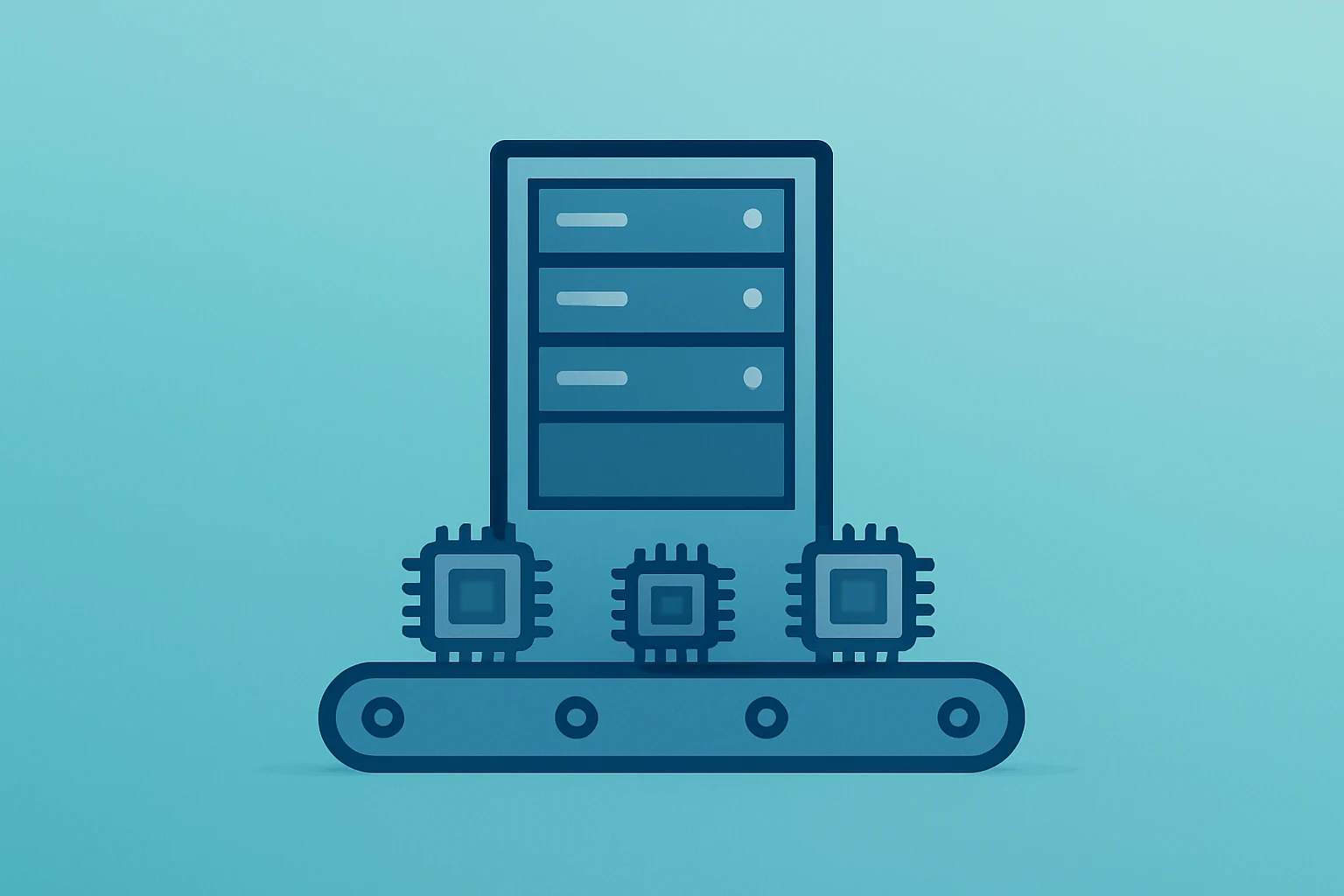 Flat vector server rack paired with factory elements to represent the Foxconn OpenAI partnership and U.S. AI hardware scale