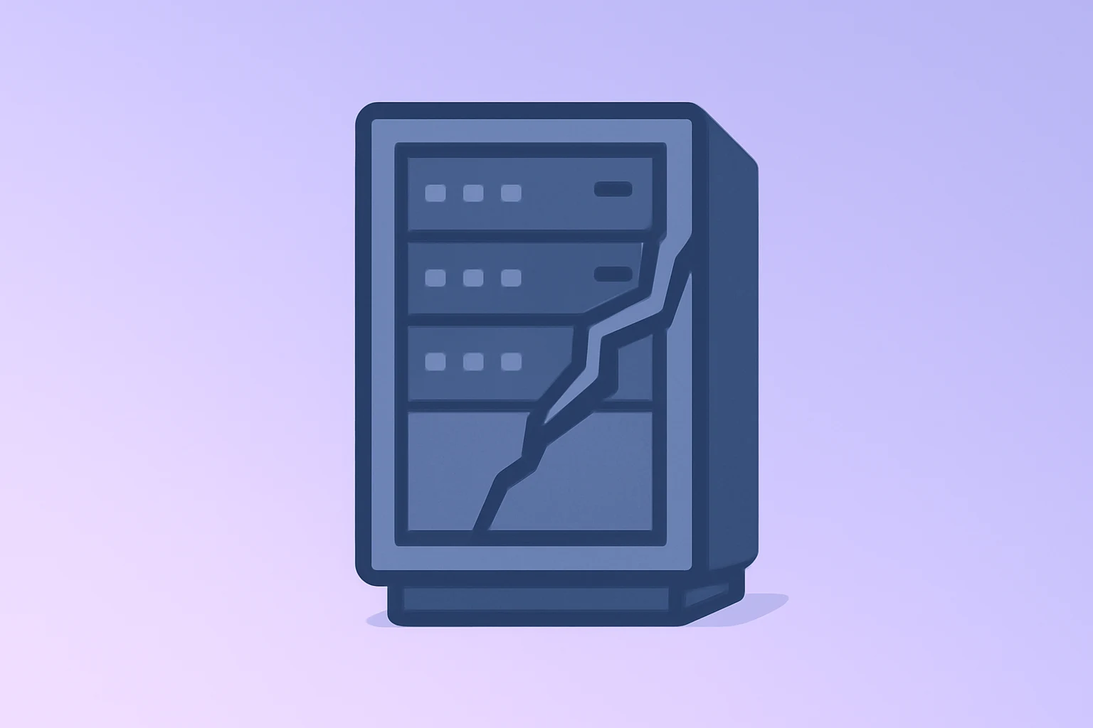 Flat filled vector server rack with fractured panel symbolizing C3.ai earnings miss and $135M savings on violet-mist gradient