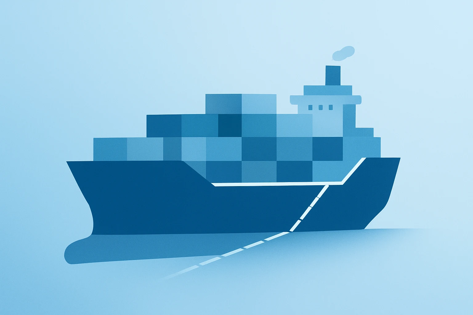 Flat vector container ship under a regulatory inspection band symbolizing Hapag-Lloyd ZIM acquisition scrutiny.