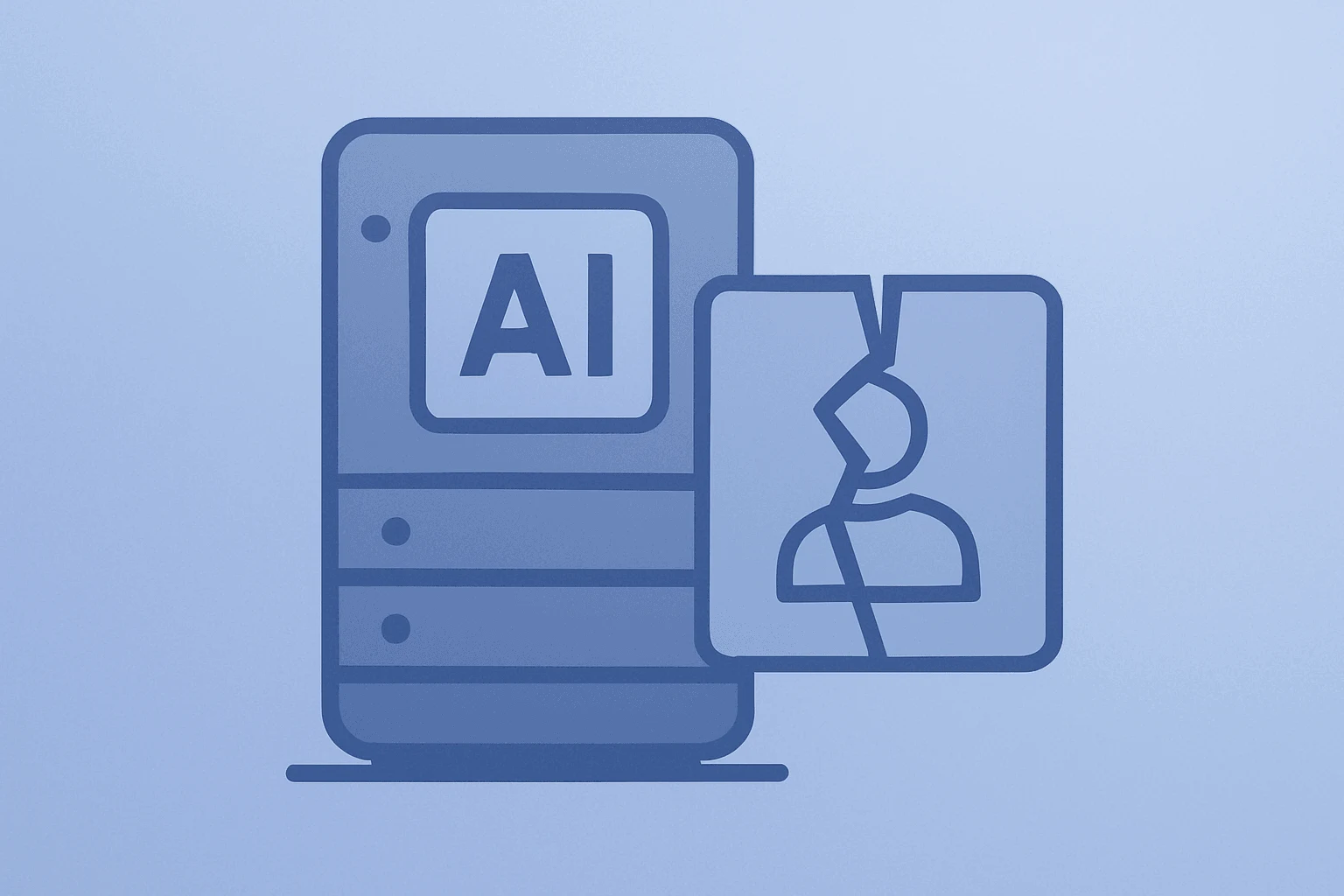 Flat-vector cover of an AI server with a fractured panel evoking the Elon Musk Sam Altman trial and IPO timing risk.