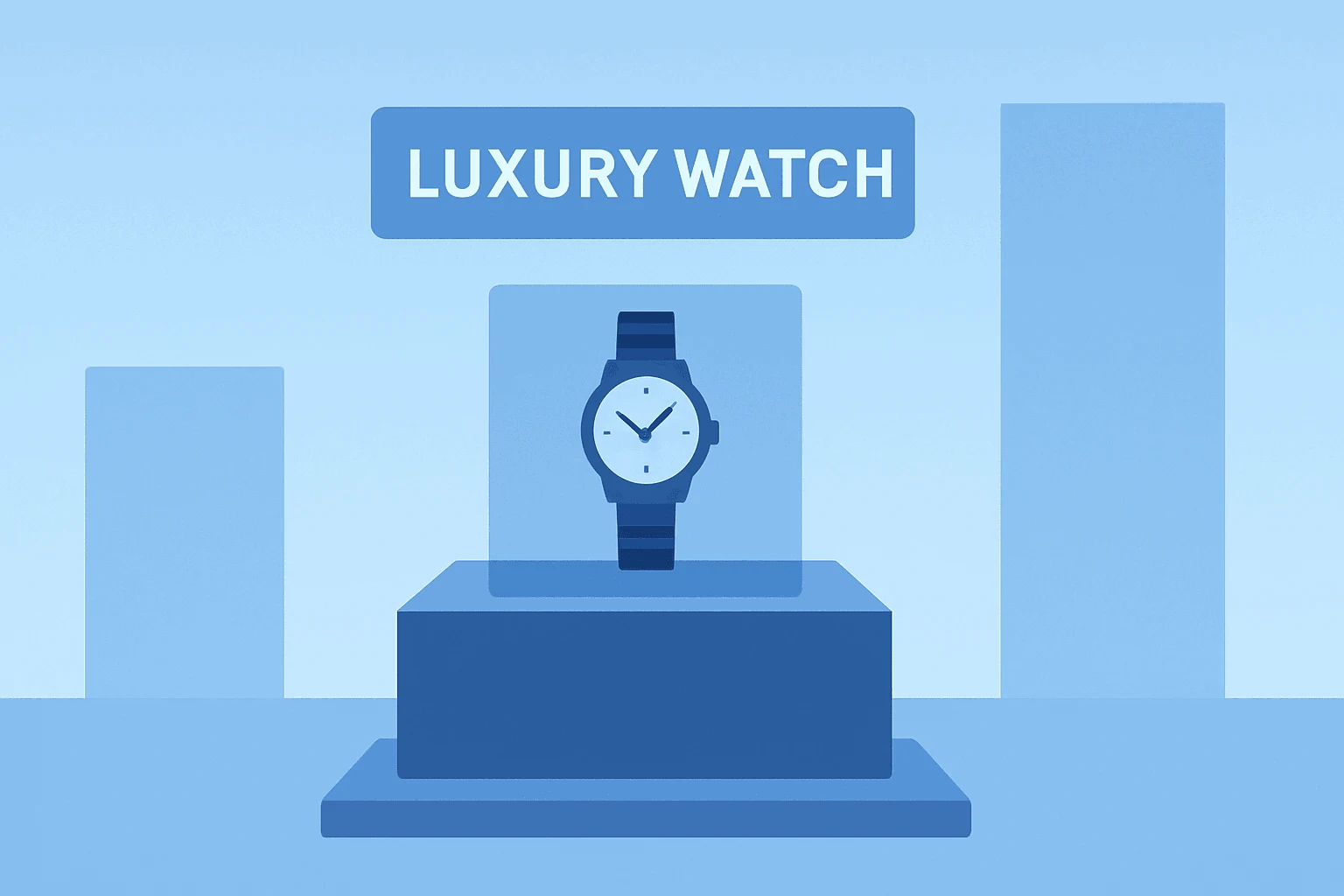 Flat vector luxury watch display merged with showroom silhouette to represent Watches of Switzerland results and U.S. surge.