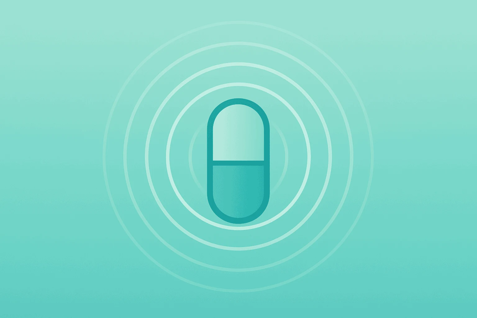 Flat filled vector of a pill capsule radiating growth rings to symbolize Wegovy adoption and Novo Nordisk Q1 results momentum