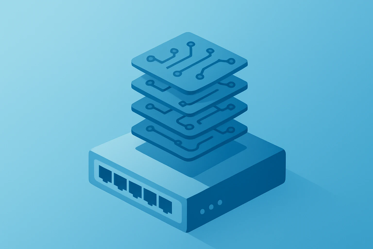 Flat filled vector of a network switch with stacked circuits to symbolize Broadcom earnings AI backlog and growth.