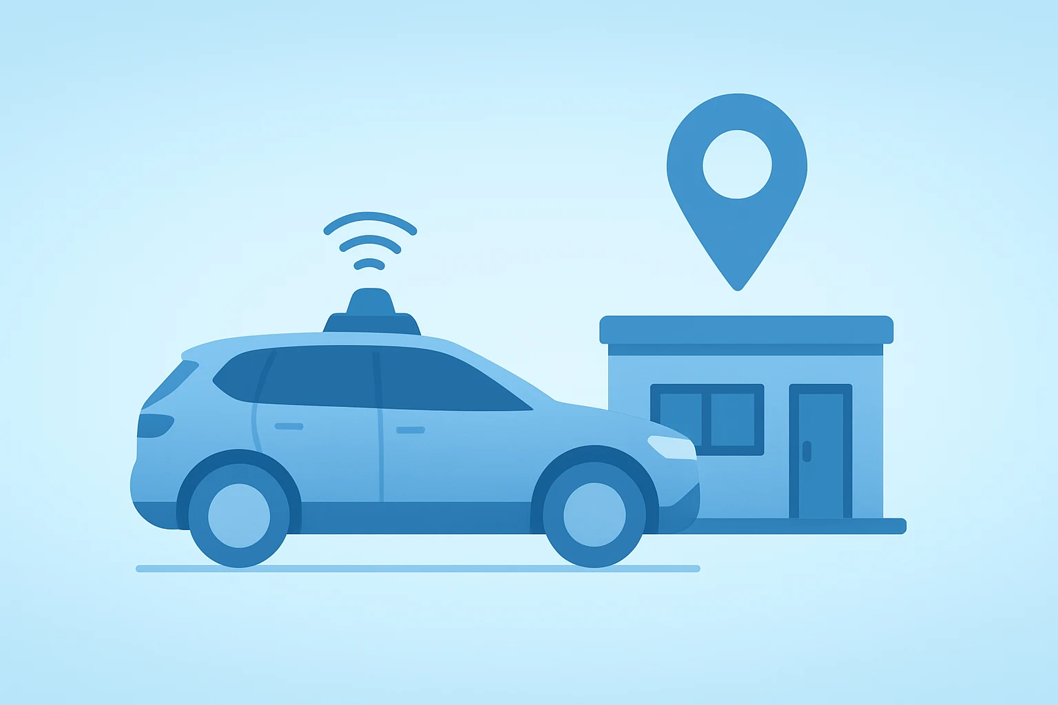 Flat filled vector of a sensor SUV merging with a compact operations hub to symbolize Zoox robotaxi expansion.