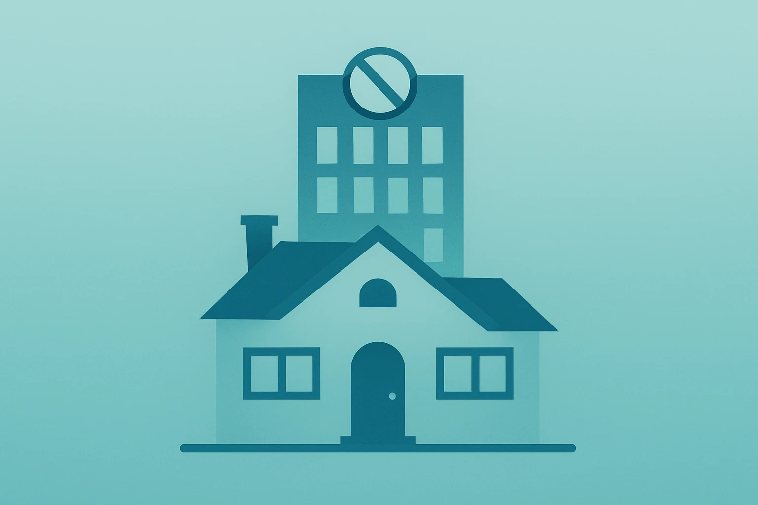 Flat vector of a suburban house merged with a tower illustrating Trump ban institutional investors single-family homes.