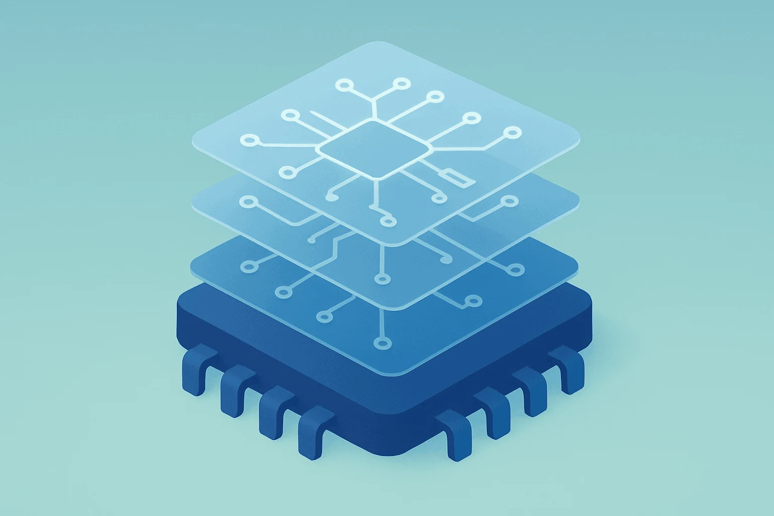 Flat vector of a centered chip module expanding circuits to show data connectivity and warrant themes, Marvell earnings.