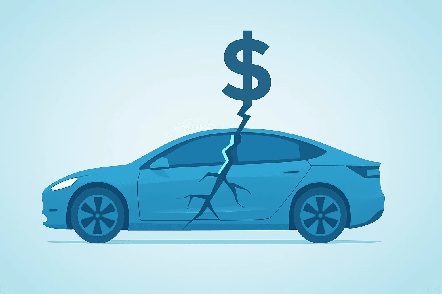 Flat filled vector of a luxury electric car with a fractured shell symbolizing Lucid bankruptcy rumors and liquidity strain.