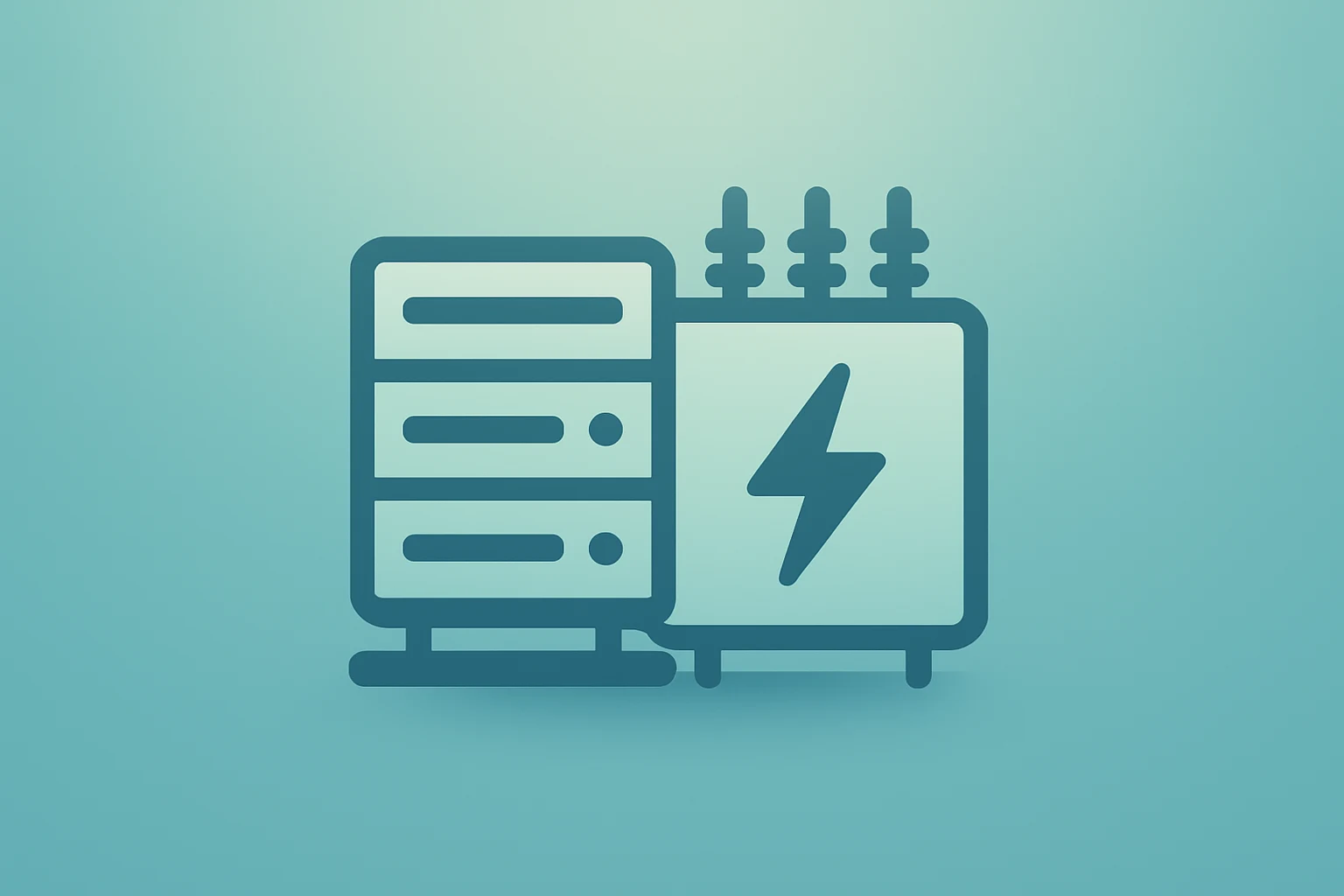 Flat filled vector of a server merged with a power grid motif to represent Microsoft data center costs and utility impact