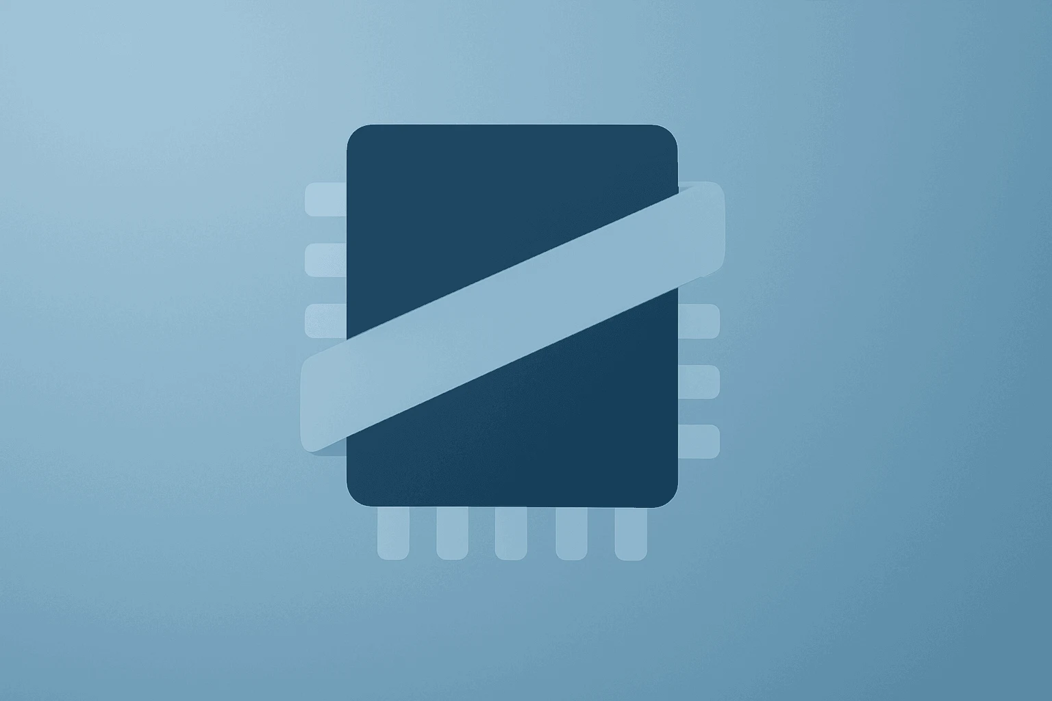 Flat vector of a memory chip squeezed by a band to suggest DRAM supply pressure for Rambus Q1 2026 earnings cover.