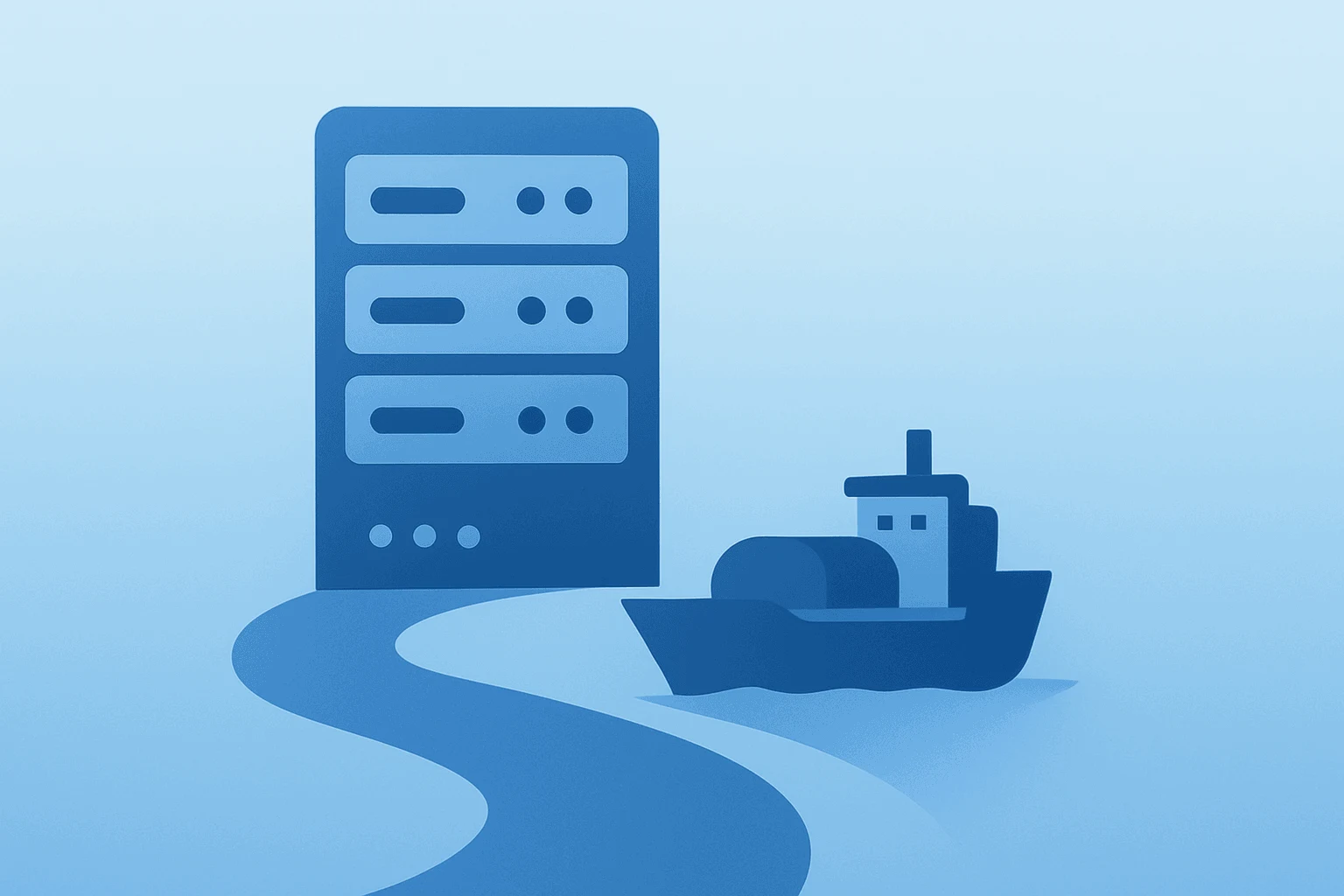 Flat filled vector of a server bay fused with a shipping lane to symbolize Hormuz reopening easing oil risk.