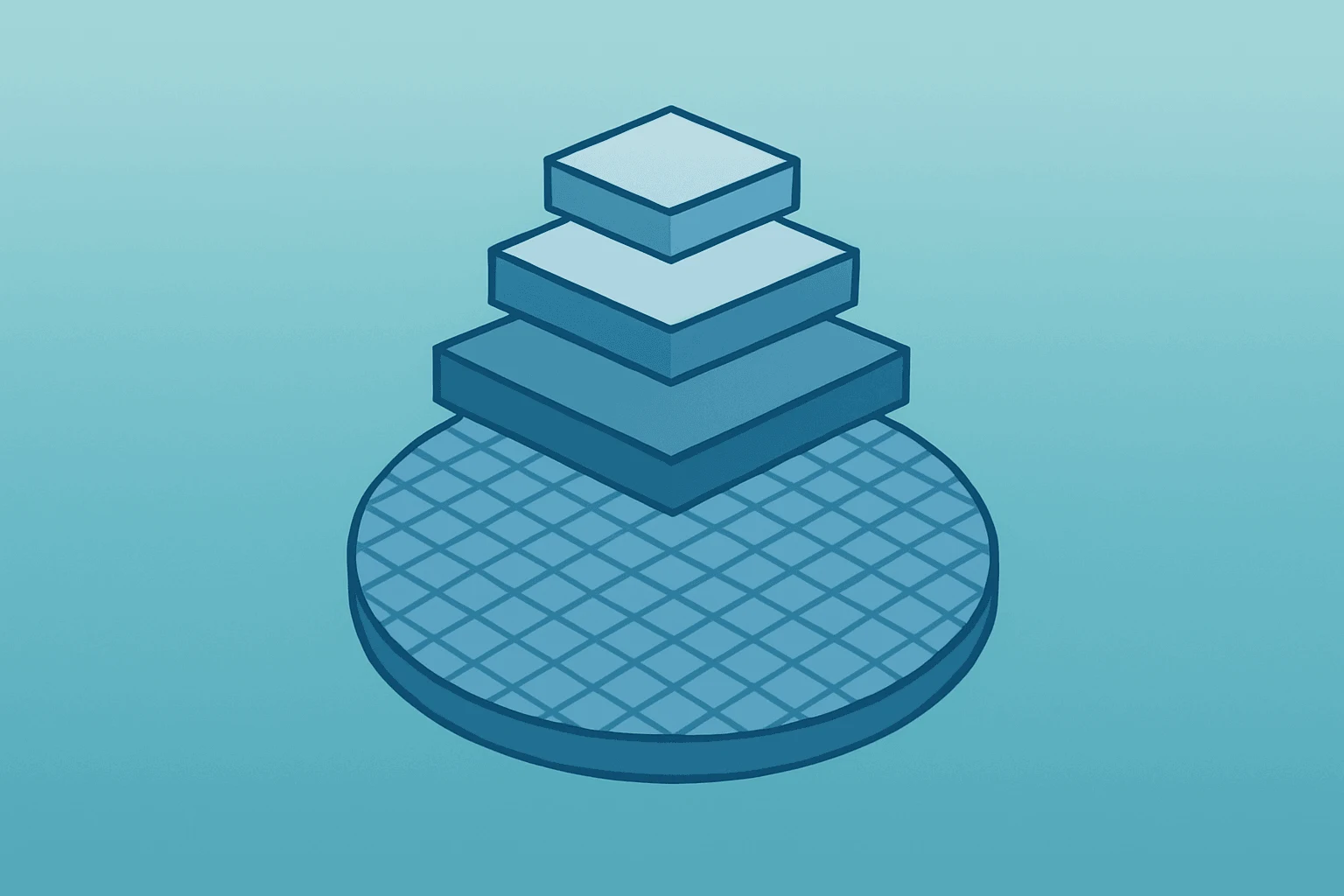 Flat vector wafer and factory icon symbolizing Intel stock offering to fund chip contract manufacturing expansion.