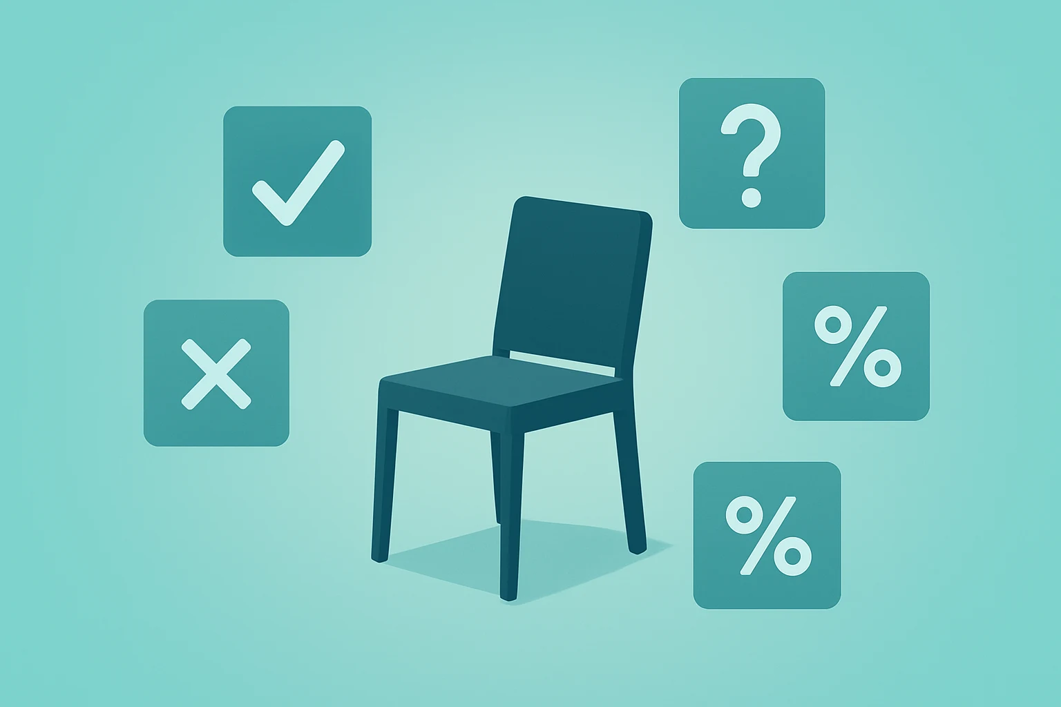 Flat vector of an empty chair with shifting tiles symbolizing prediction-market momentum for Fed chair candidates.