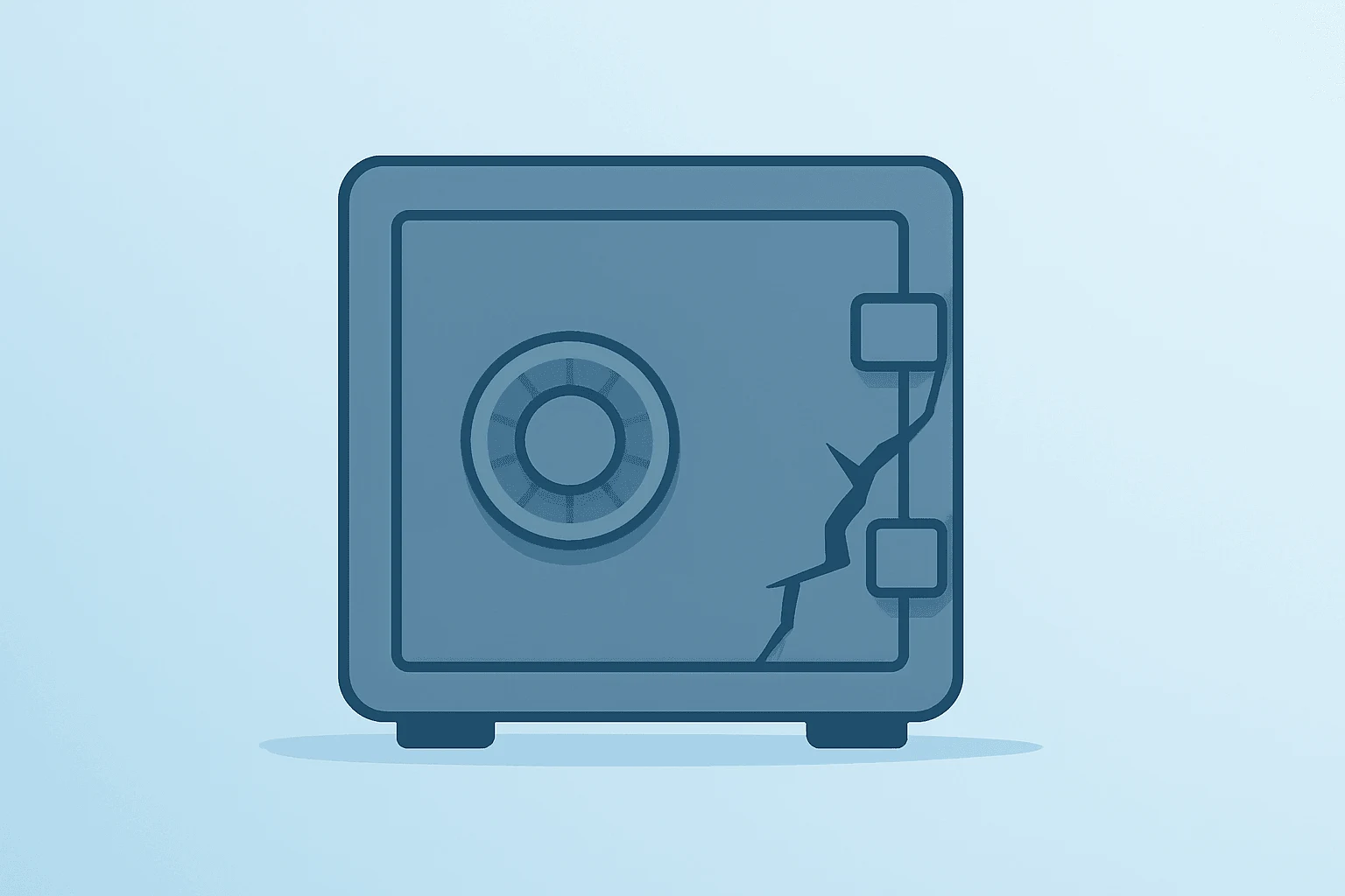 Flat vector vault with cracked latch symbolizing Paramount Warner Bros merger delay and ticking-fee cash strain.
