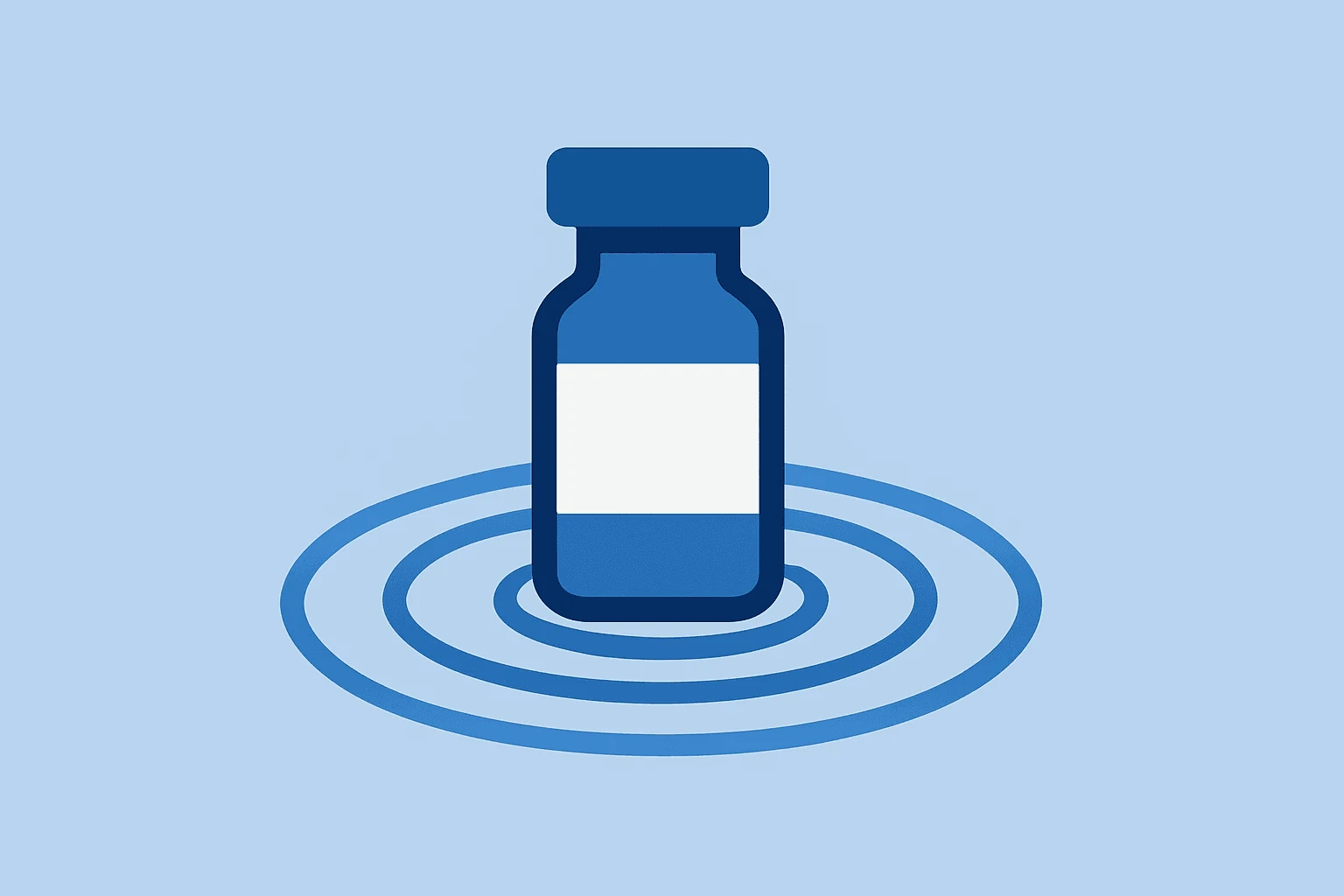 Flat filled vector of a medicine vial with expanding rings representing Amgen Q1 results, sales growth and Tavneos tension.