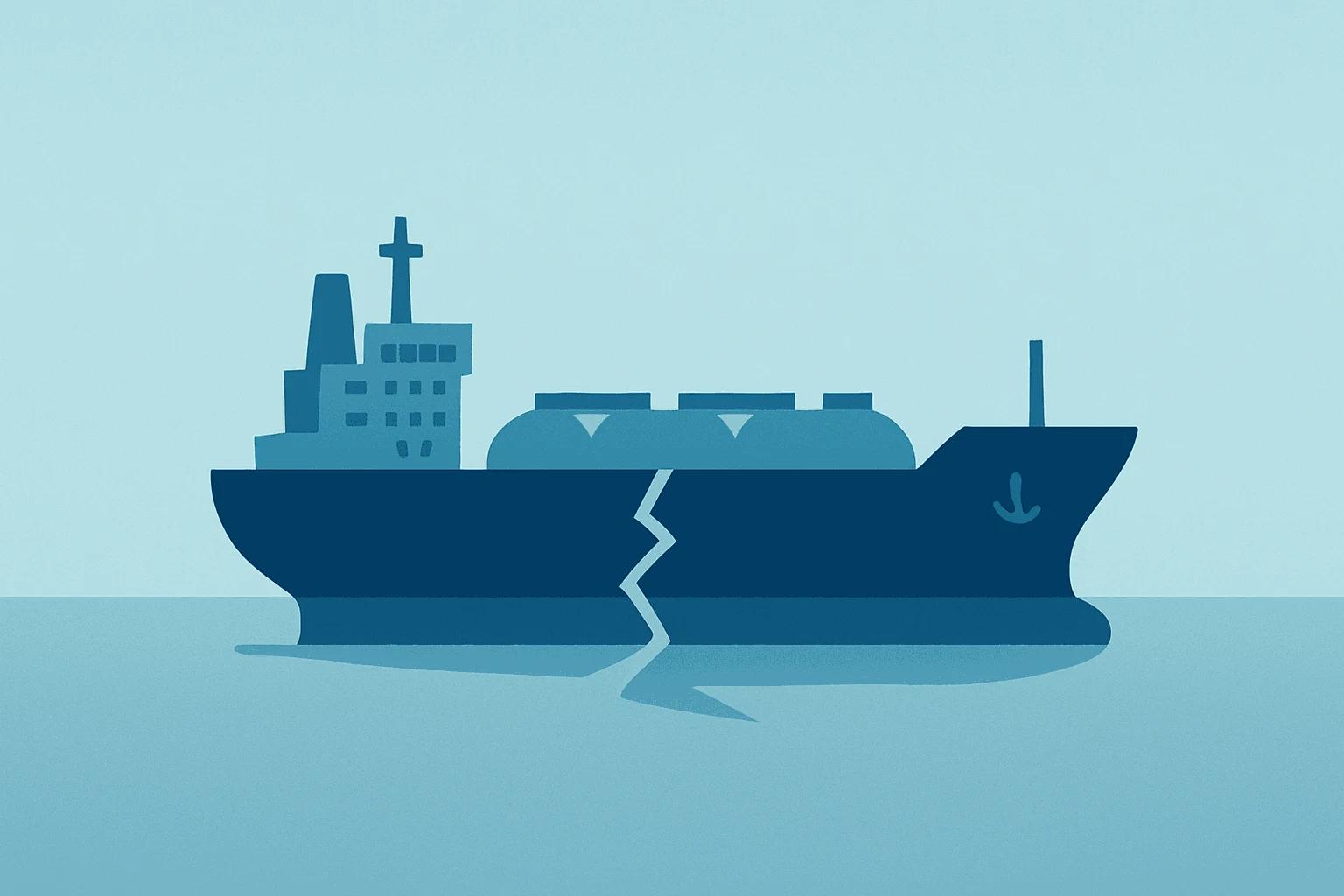 Flat vector of a stylized oil tanker with a cracked hull symbolizing oil prices under Strait of Hormuz shipping pressure.