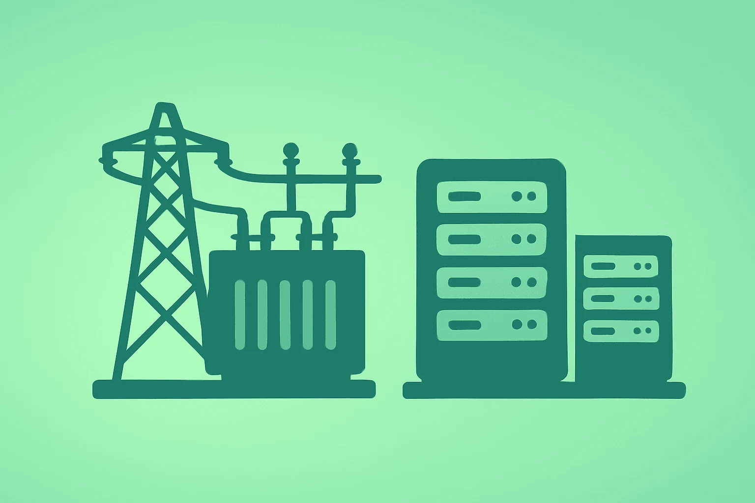 Flat vector server campus icon evoking Hut 8 Beacon Point lease and the shift to gigawatt-scale AI hosting infrastructure.