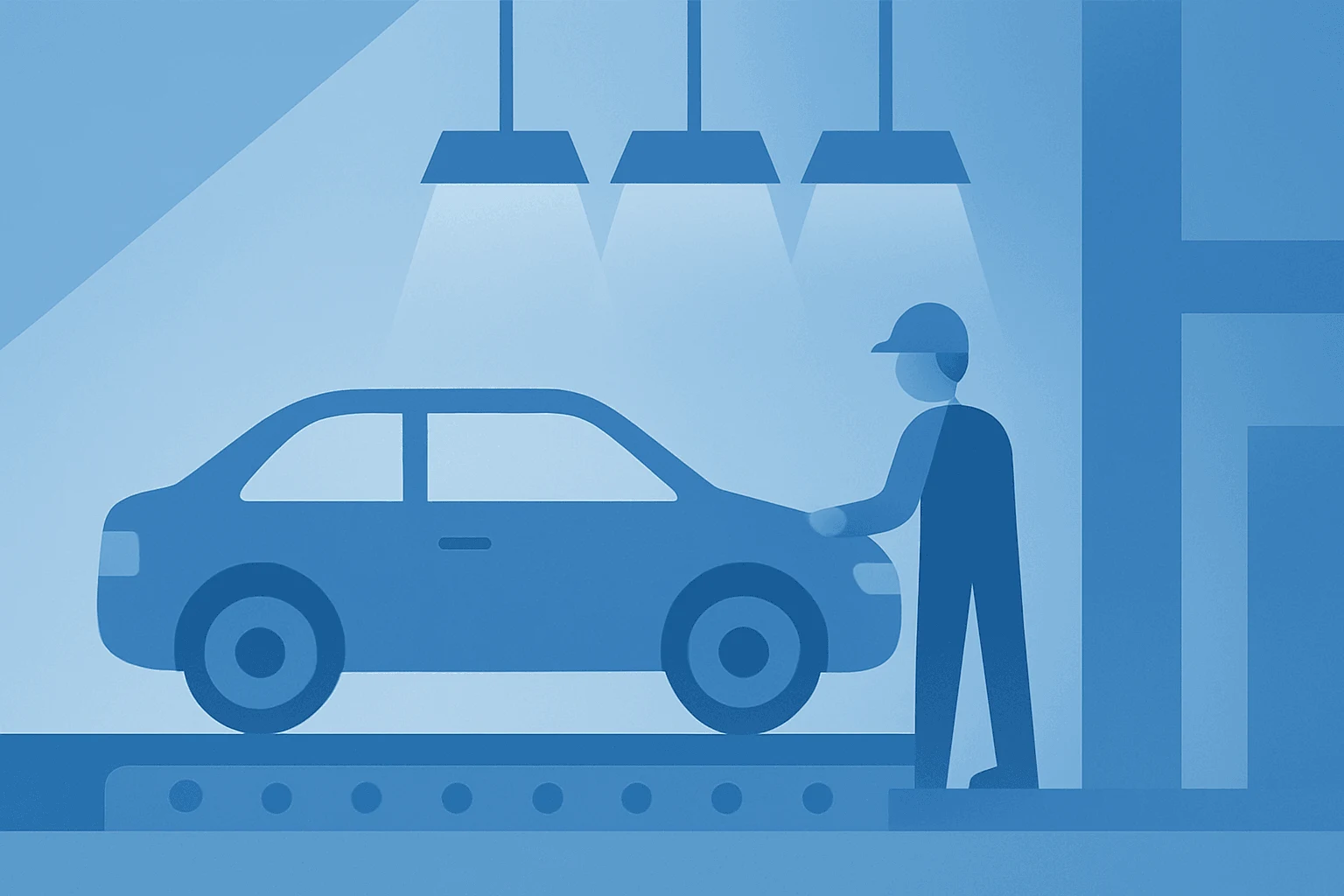 Flat vector cover showing a stylized car factory with dimming lights to reflect Volkswagen job cuts and plant closures.