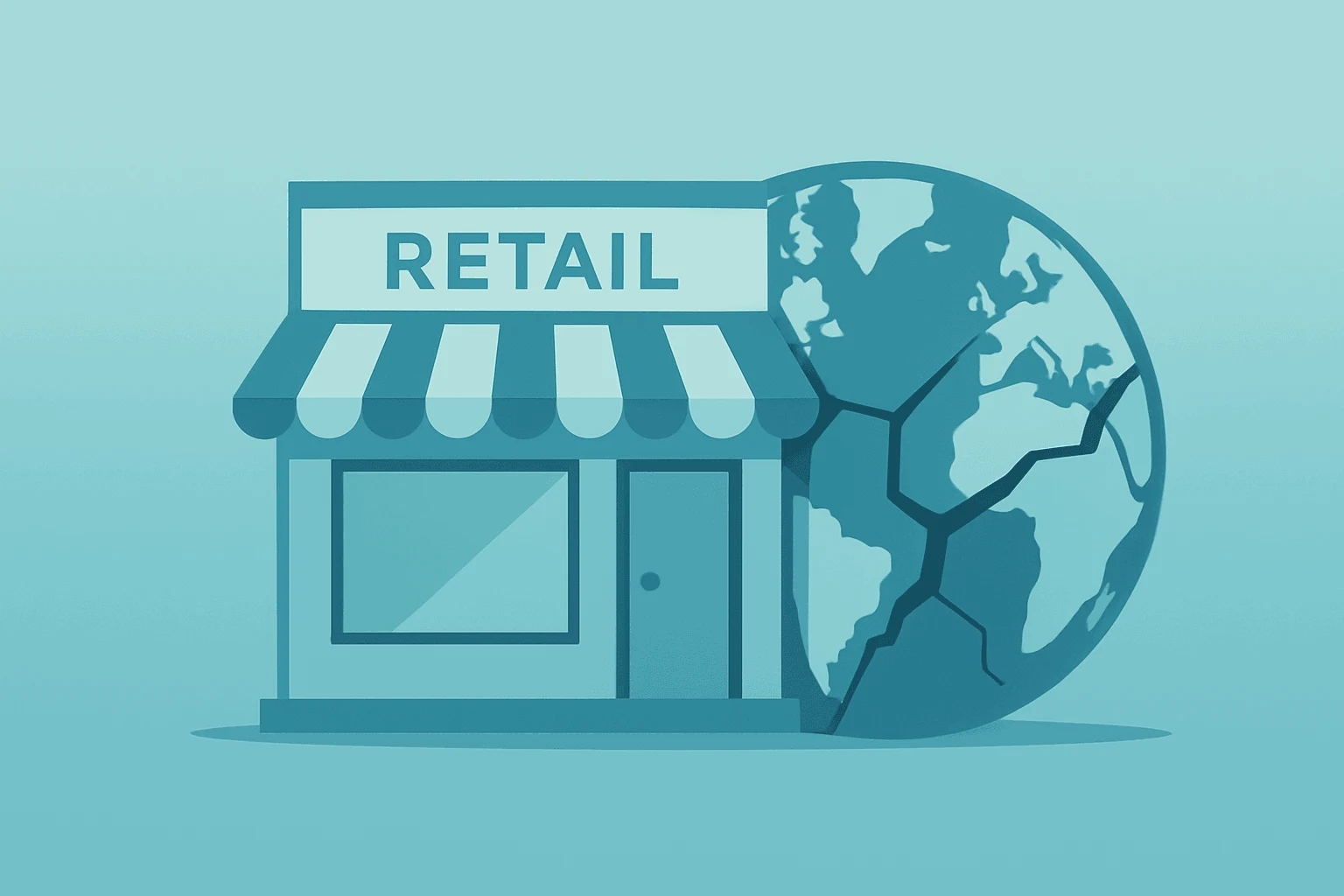 A flat vector retail storefront fused with a dimming globe, evoking Abercrombie Q1 earnings regional split and EMEA weakness.