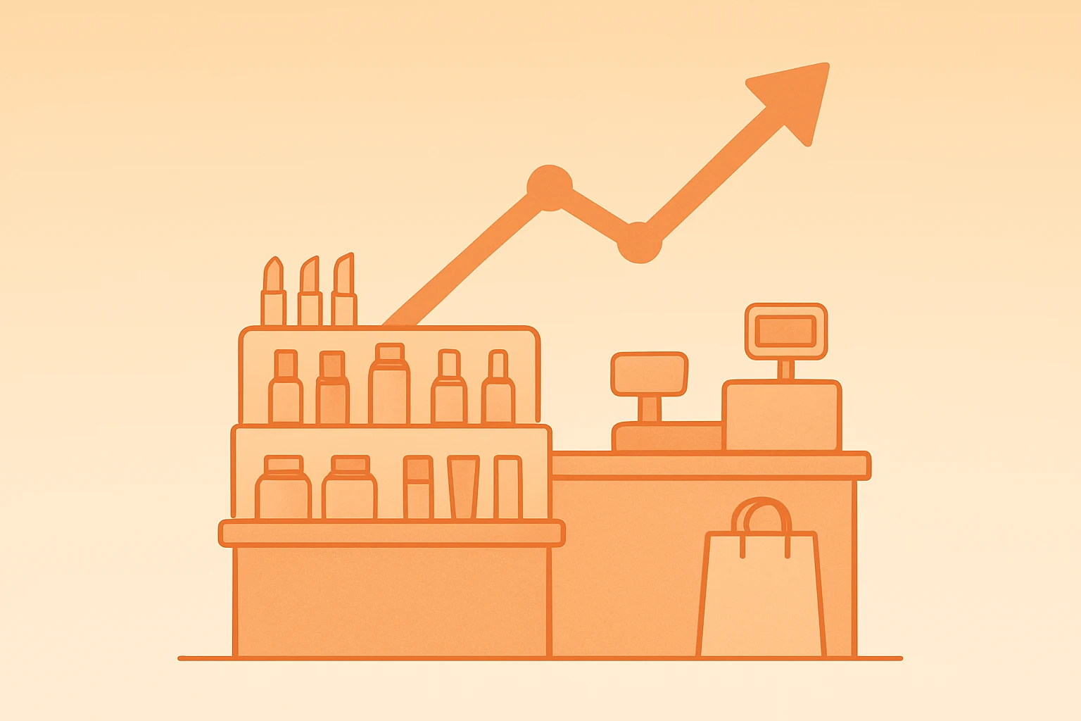 Flat vector of a beauty counter swelling with product tiers to suggest a sales surge tied to Ulta Beauty Q3 earnings.