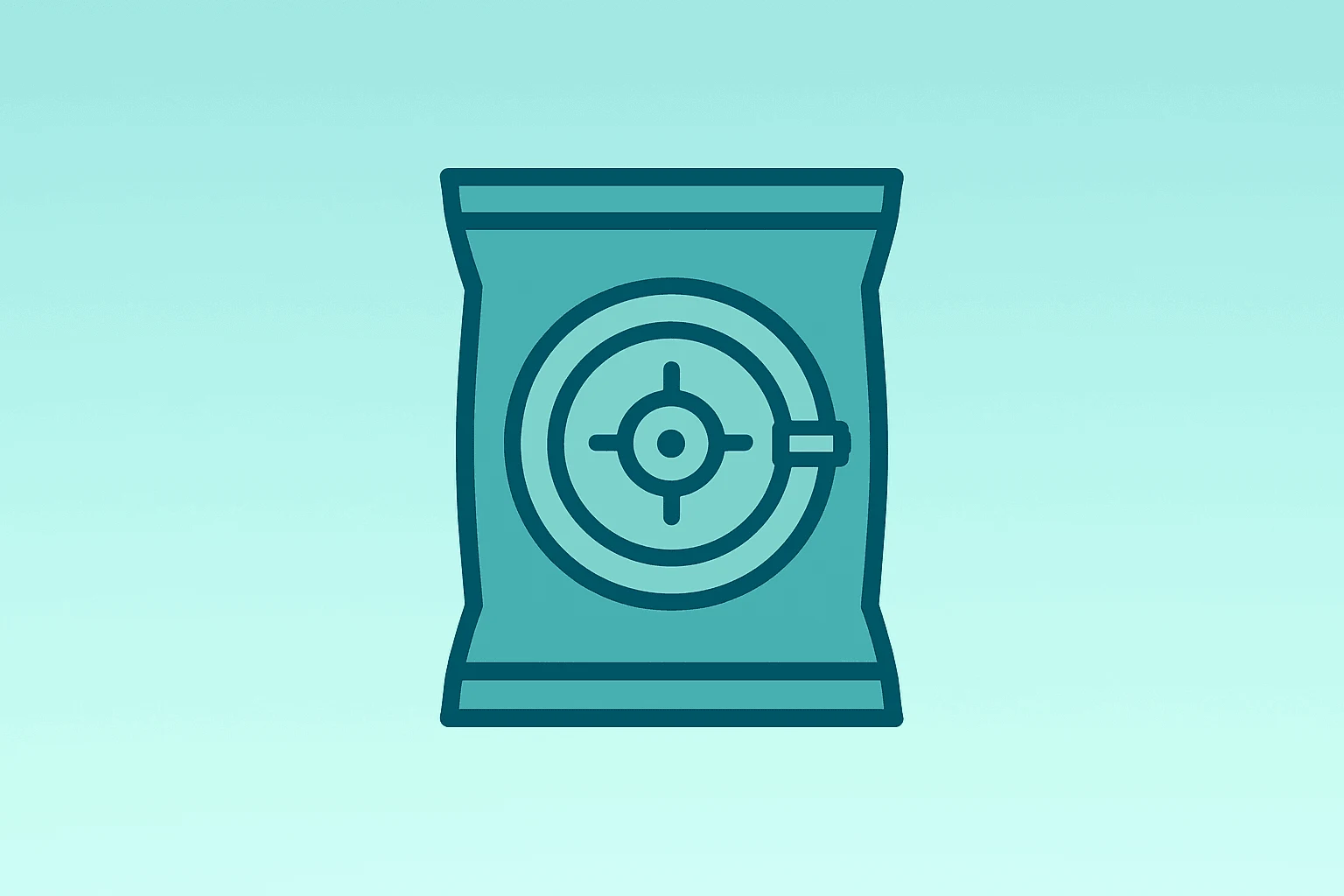 Flat filled vector of a snack bag merged with a closed vault to represent Utz acquisition and private ownership transition.