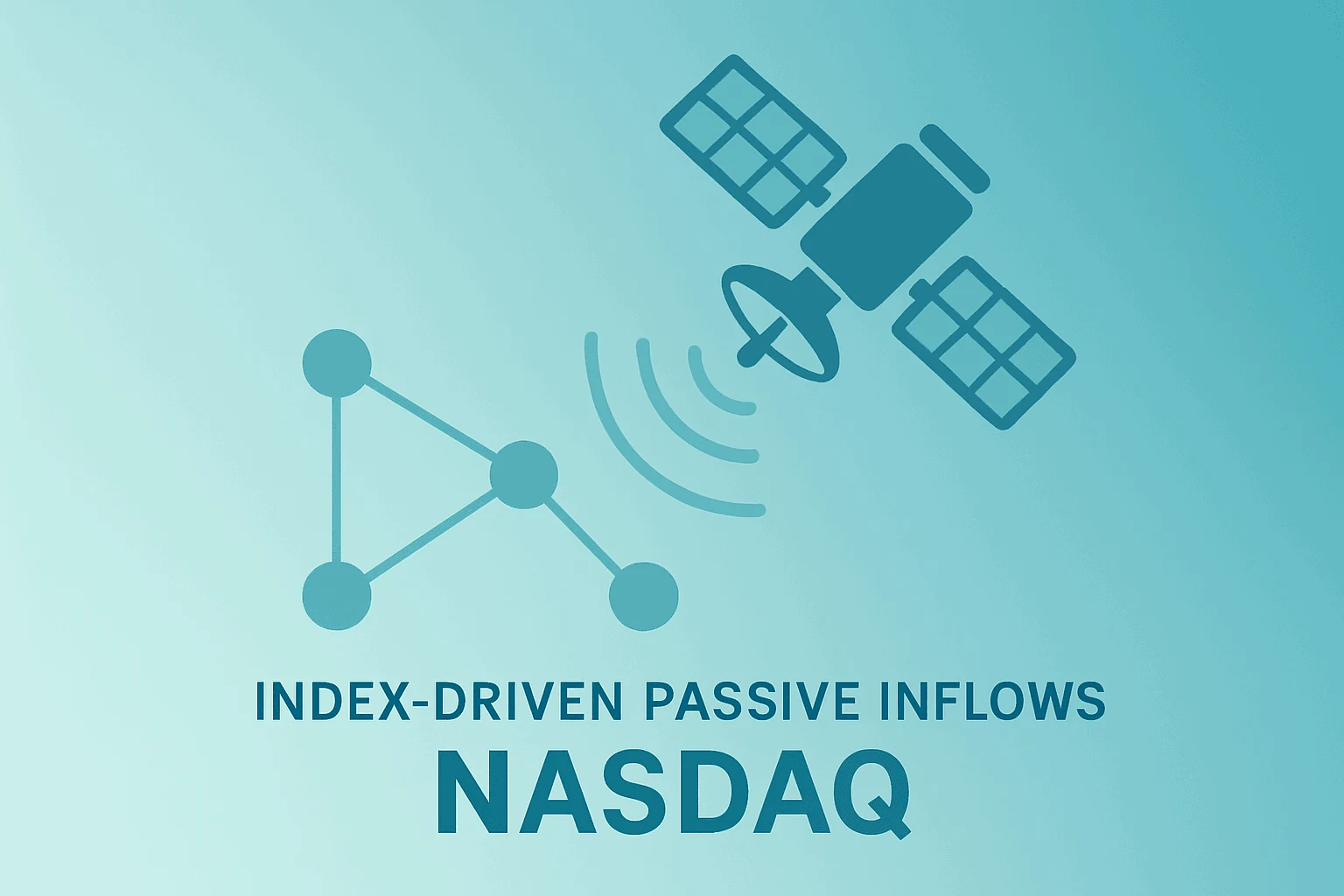 Flat vector of a satellite constellation attracting nodes to symbolize SpaceX Nasdaq-100 inclusion and passive inflows.