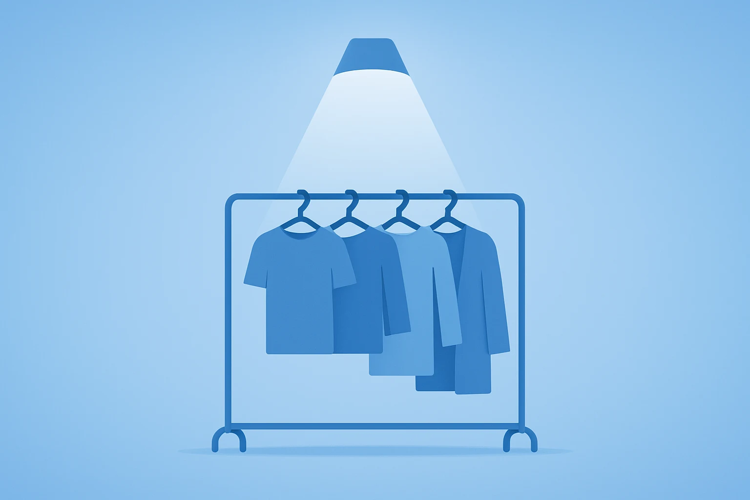Flat filled vector of a clothing rack with expanding spotlight illustrating eBay acquires Depop and resale growth.