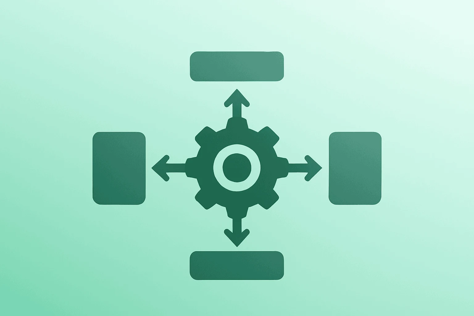 Centered flat-vector workflow engine expanding cross-system execution representing Asana Q1 results and StackAI integration.