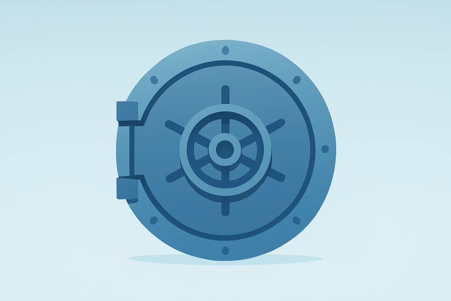 Flat vector of a bank vault fused with a readiness motif on a smooth graphite-frost gradient symbolizing Jefferies takeover.