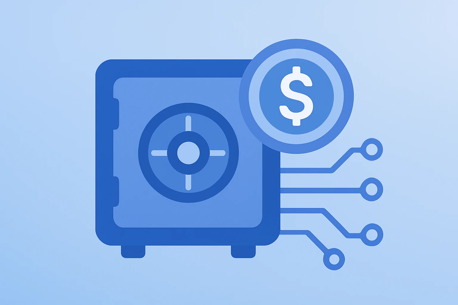 Flat filled vector of a server vault expanding circuit symbolizing Coinbase Q4 earnings operational scale and USDC balances