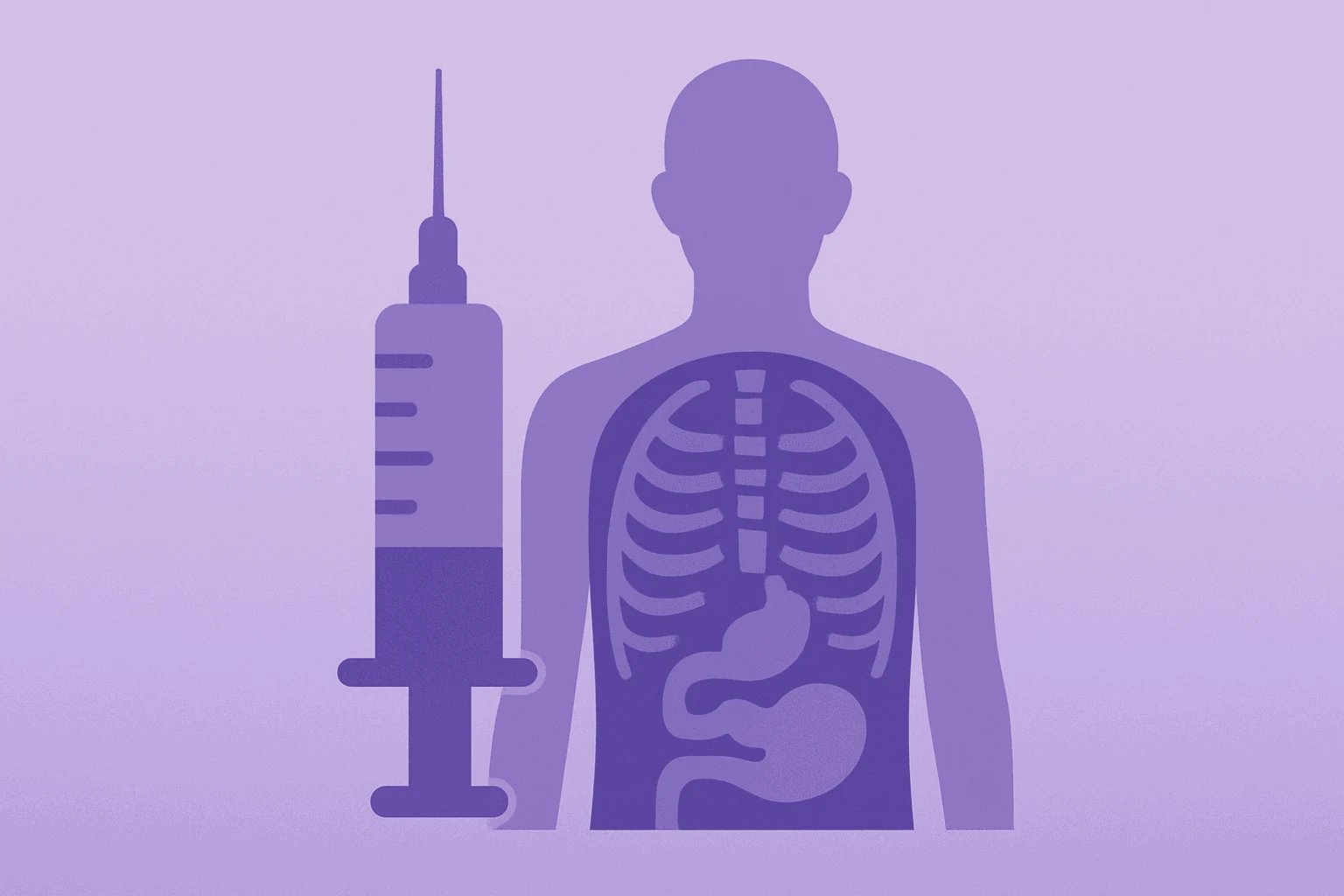 Flat vector of an injector pen with layered body-scan on a smooth gradient, referencing Wegovy 7.2 mg fat-focused efficacy.