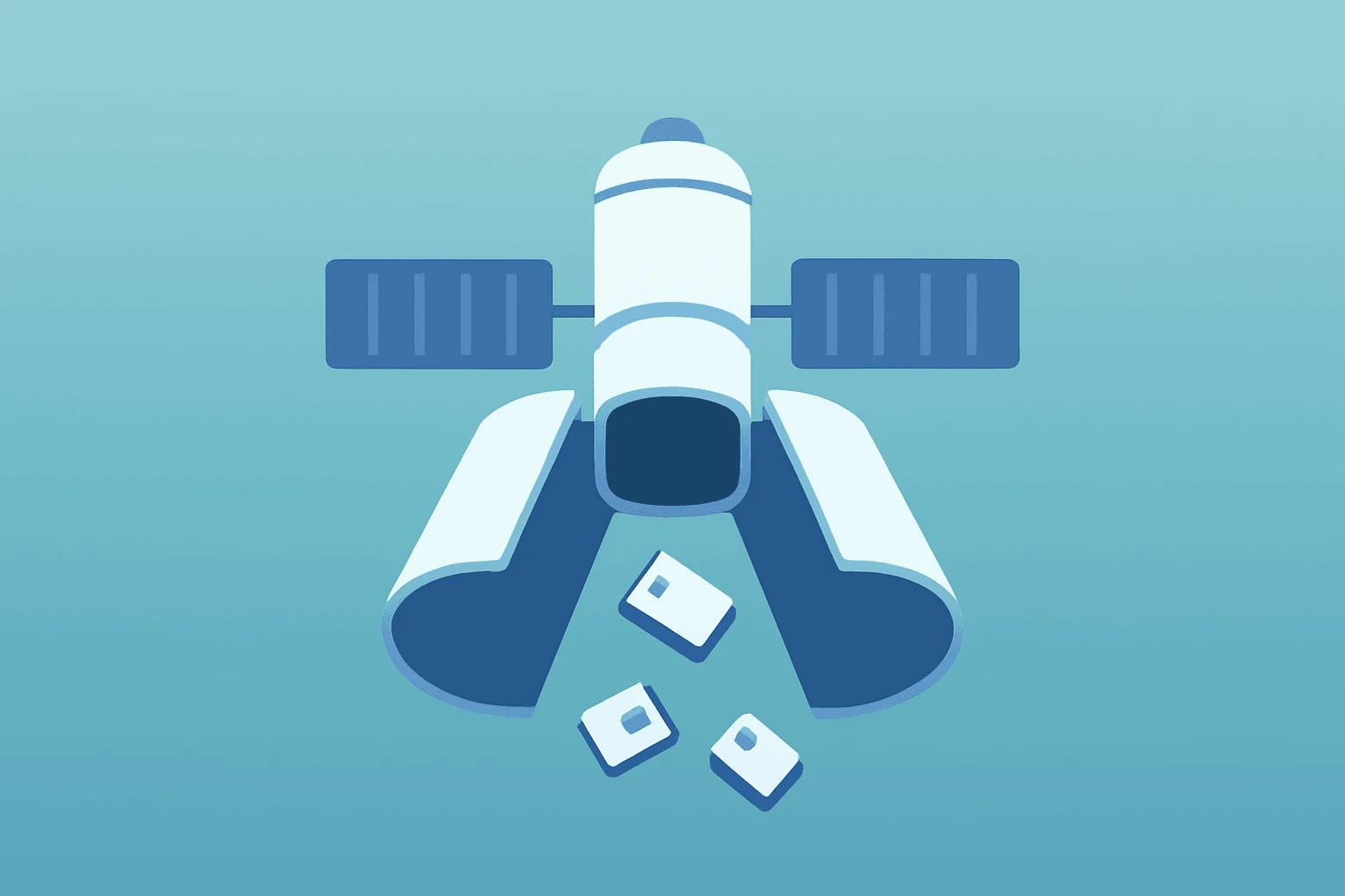 Flat filled vector of a satellite hull with an opening lock to symbolize SpaceX stock lock-up overhang and selling pressure.